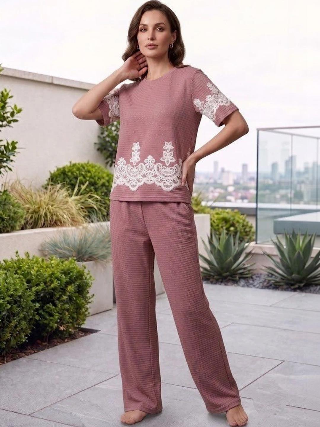 Buy Keenuu Lace Detail Embroidered T Shirt With Trousers -  - Apparel for Women