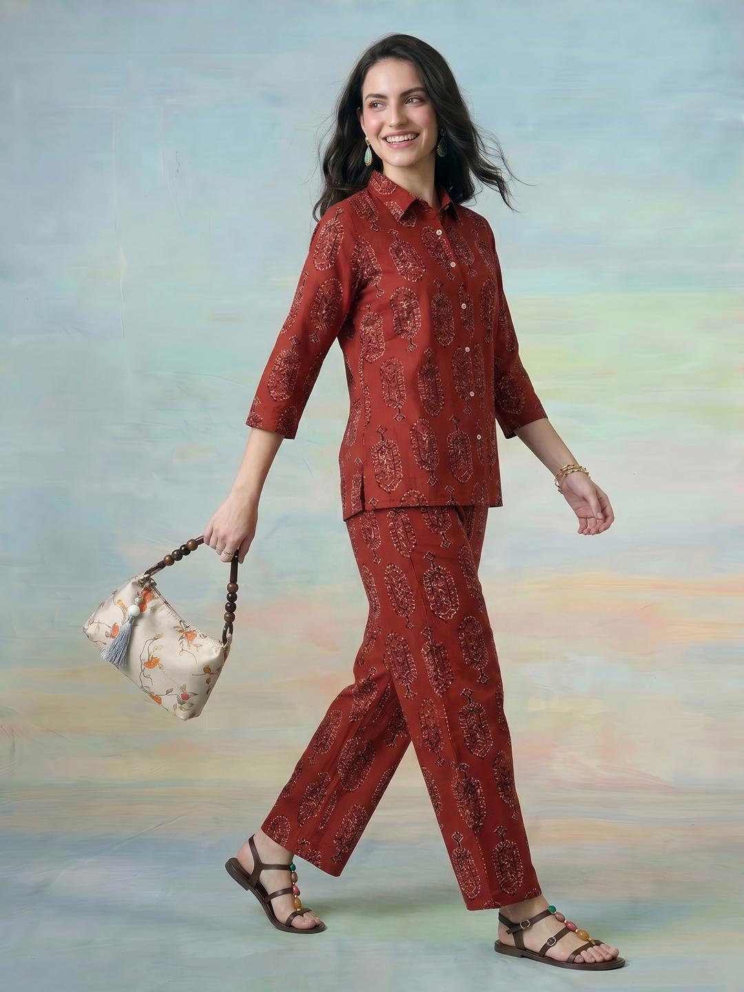 Buy ZACCAI Ethnic Motifs Printed Pure Cotton Shirt With Trousers - - Apparel for Women