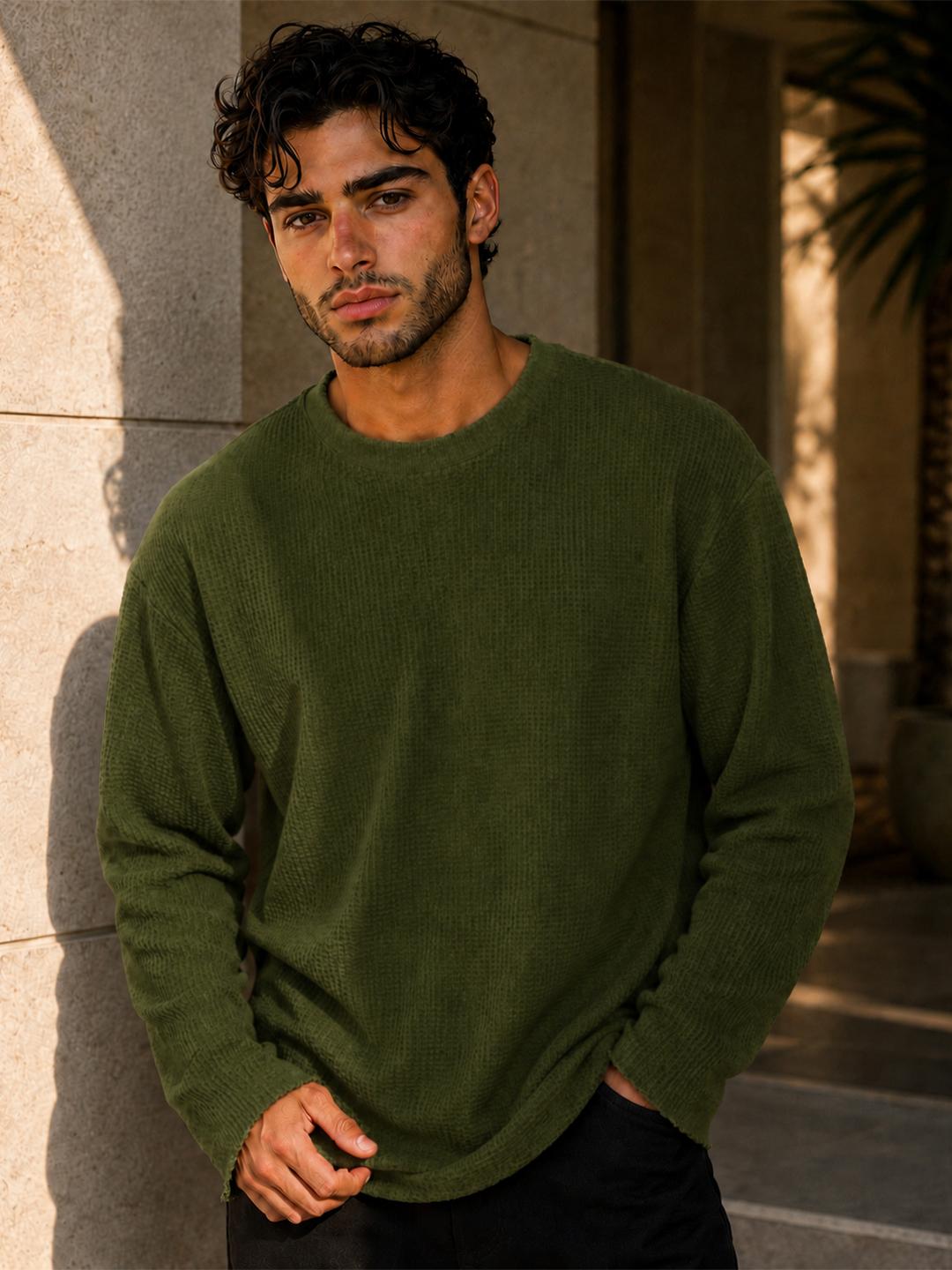 Friskers Self Design Round Neck Long Sleeves Oversized Cotton T-shirt