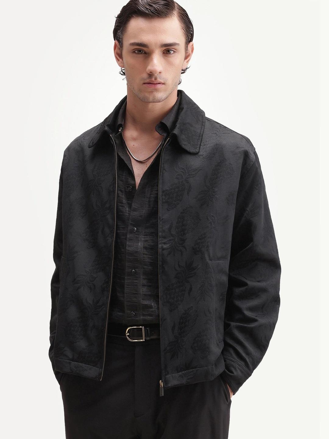 Buy RARE RABBIT Men Jacquard Lucho Spread Collar Zip Front Shacket ...