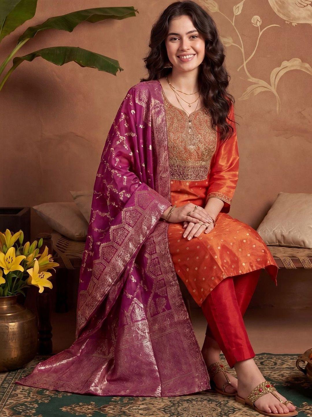 Buy Indo Era Women Ethnic Motifs Embroidered Regular Thread Work Kurta With Trousers & With Dupatta -  - Apparel for Women