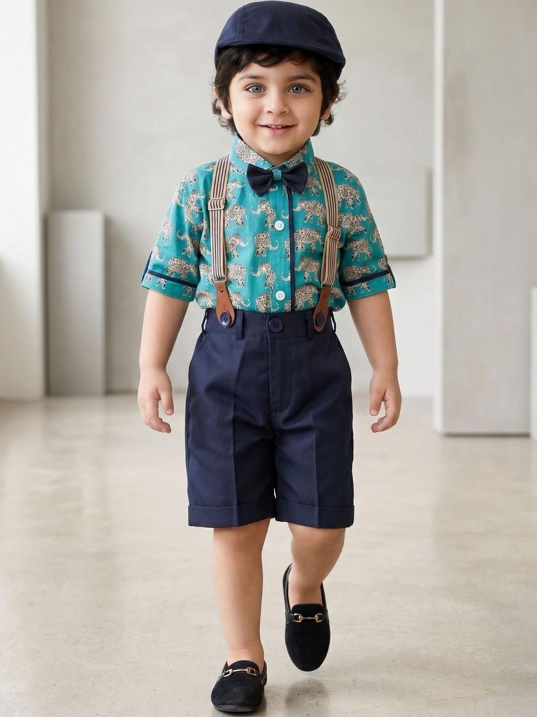 Buy Aj DEZInES Boys Green Printed Cotton Shirt Bow Shorts With Cap Suspenders Clothing Set - - Apparel for Boys