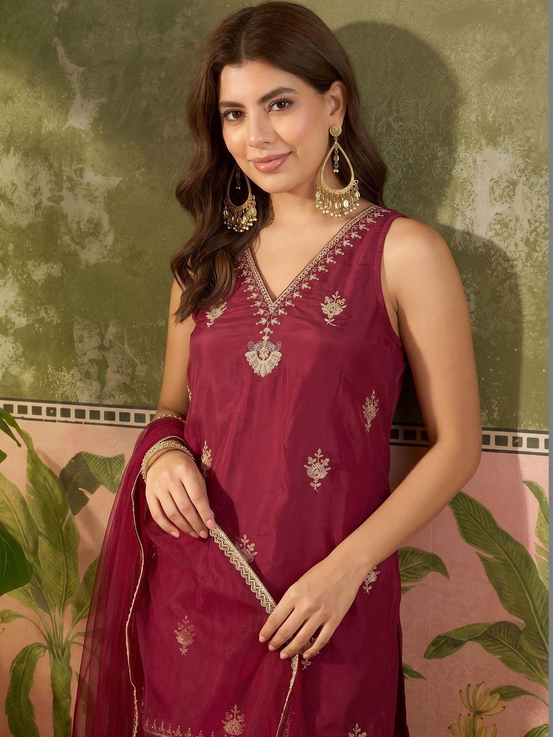 Sangria Women Ethnic Motifs Embroidered Kurta with Palazzos & Dupatta - Image 1