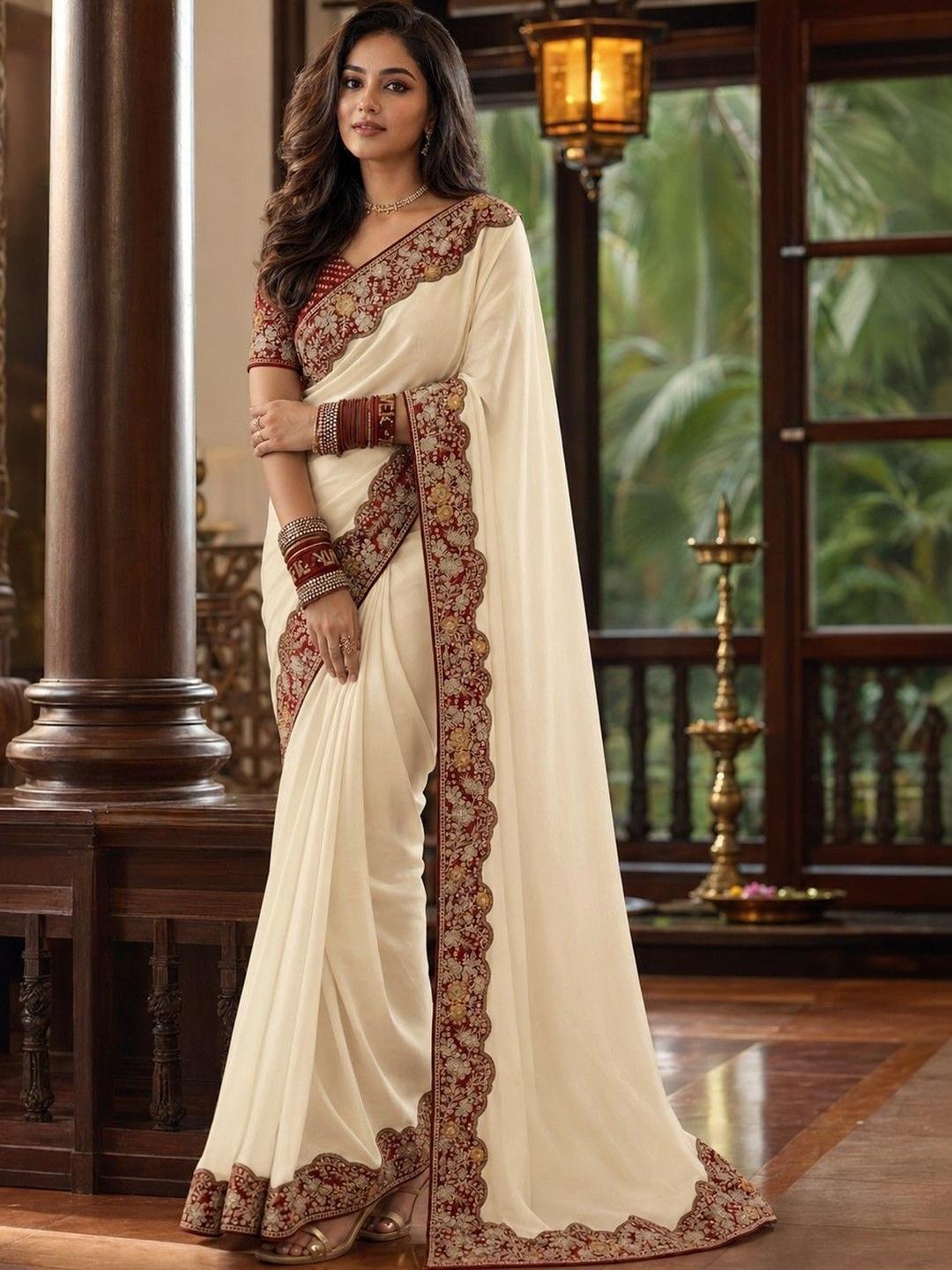 Sangria Floral Embroidered Poly Chiffon Saree