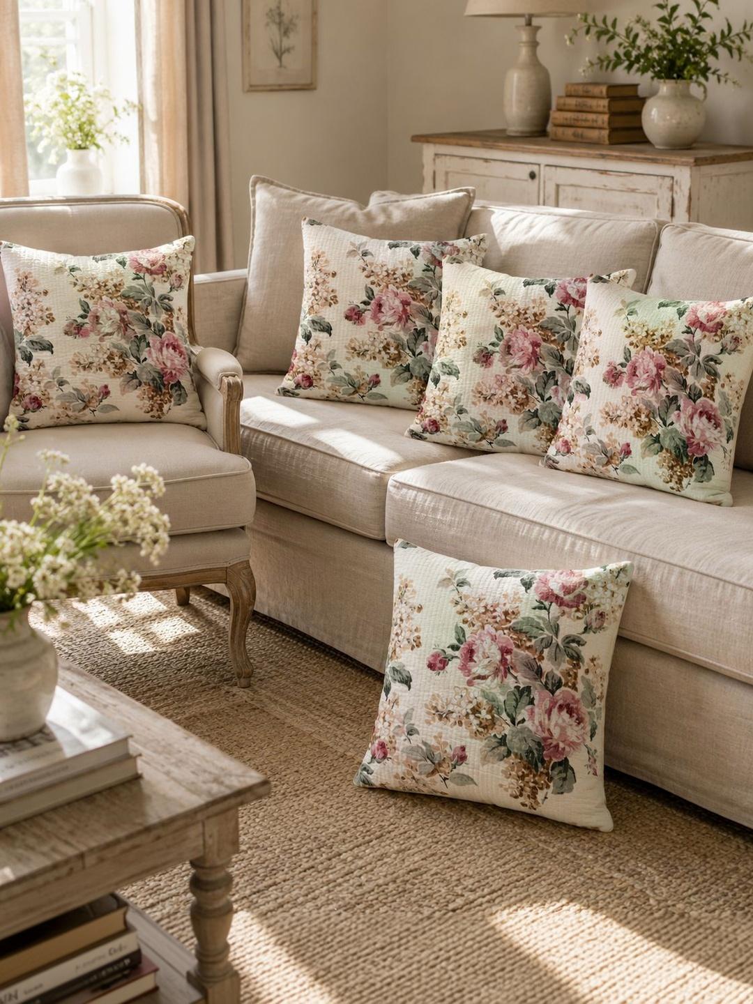 Buy Clasiko White & Rust 5 Pieces Floral Printed Square Cotton Cushion Covers -  - Home for Unisex