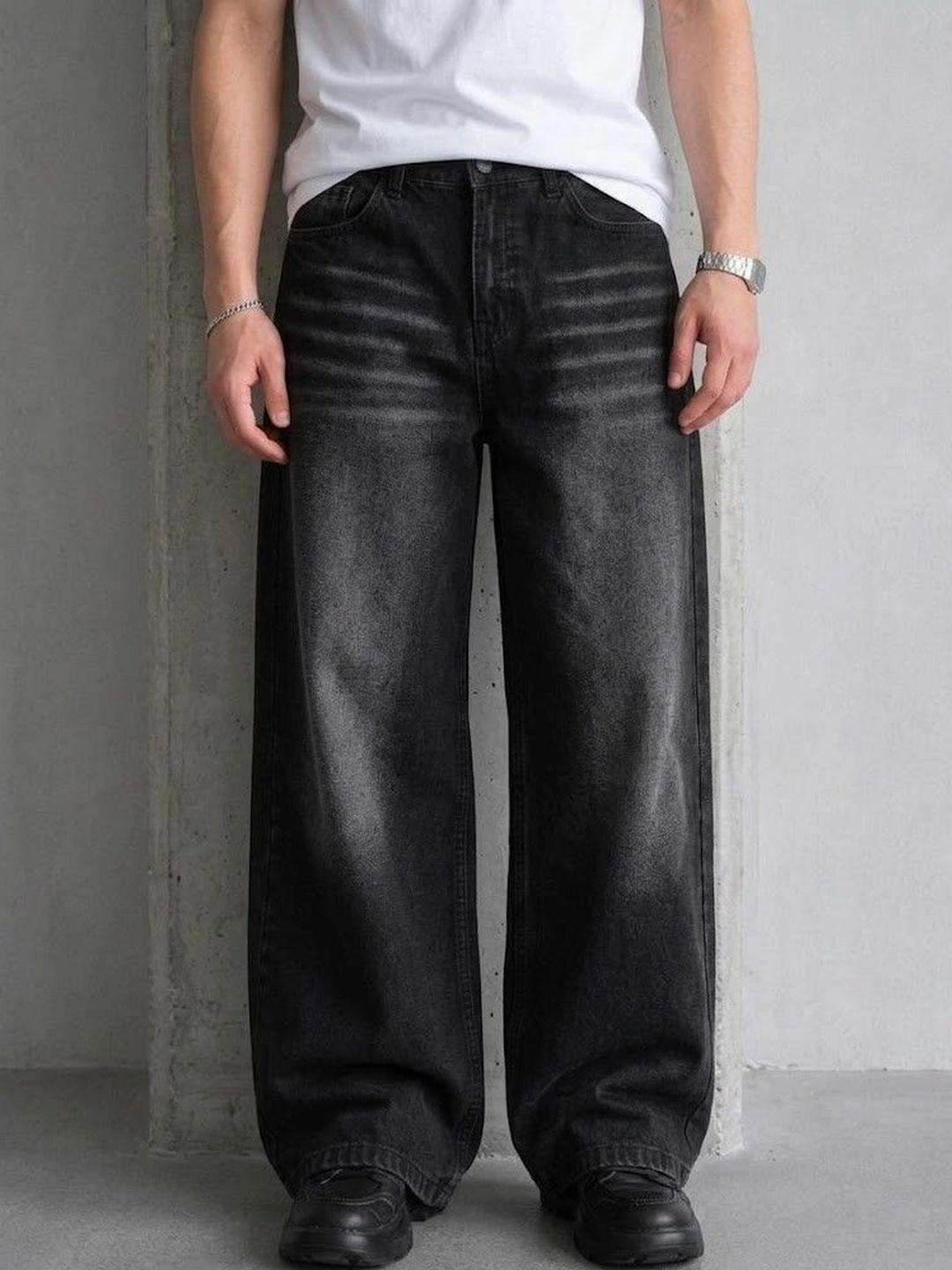 Niffar Fashion Men Wide Leg Mid-Rise Low Distress Light Fade Jeans