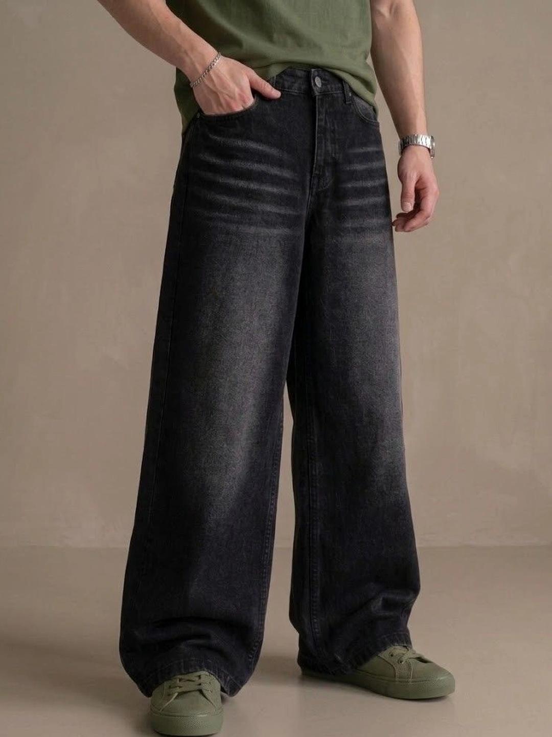 FEBRi Men Wide Leg Mid-Rise Low Distress Light Fade Jeans