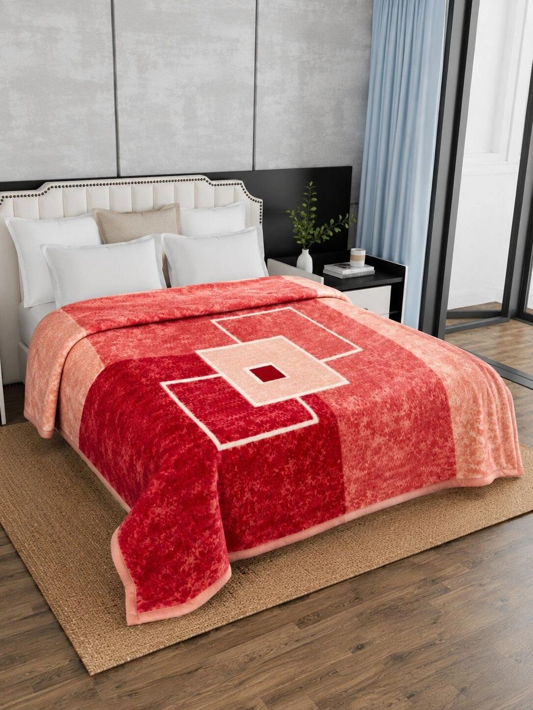 Buy Signature Red & Coral Geometric Mink Mild Winter 500 GSM Blanket - - Home for Unisex
