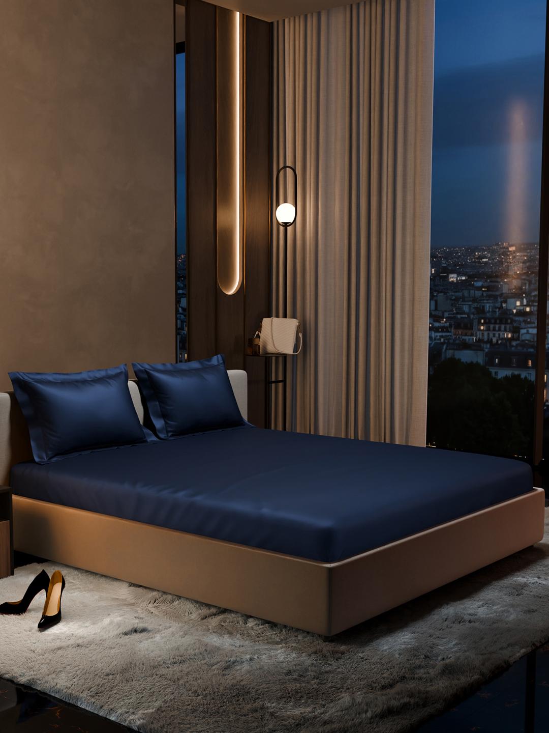 Buy Stoa Paris Date Night Blue Solid Polyester 300 TC Fitted King Fine Bedsheet With 2 Pillow Covers 183 X 213 X 25 Cm - - Home for Unisex