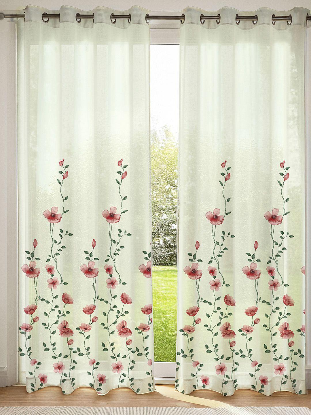 Buy URBAN SPACE White & Red 2 Pieces Floral Printed Sheer Long Door Curtains -  - Home for Unisex