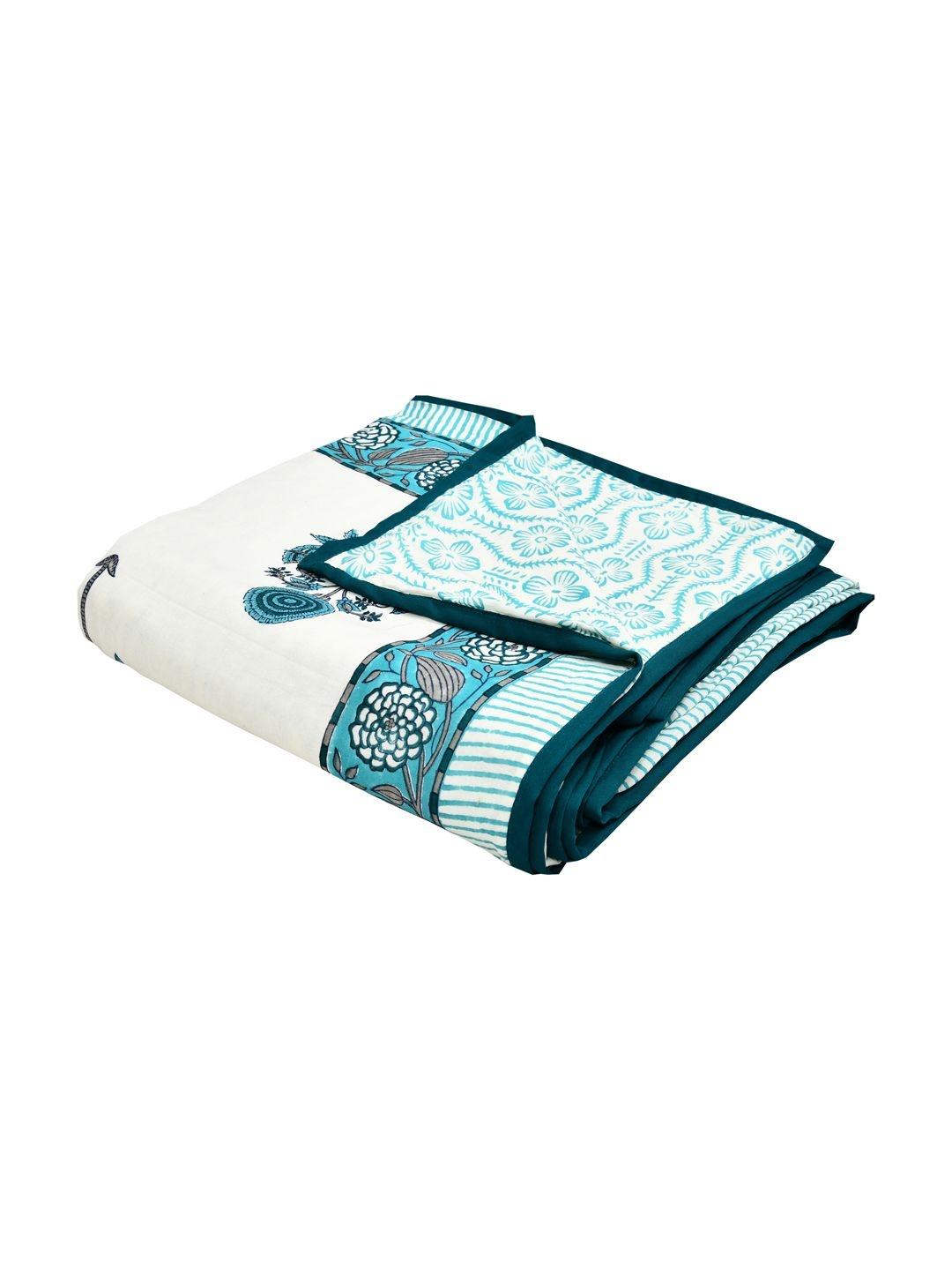 Buy BLOCKS OF INDIA Turquoise Blue & White Floral AC Room 150 GSM Dohar - - Home for Unisex