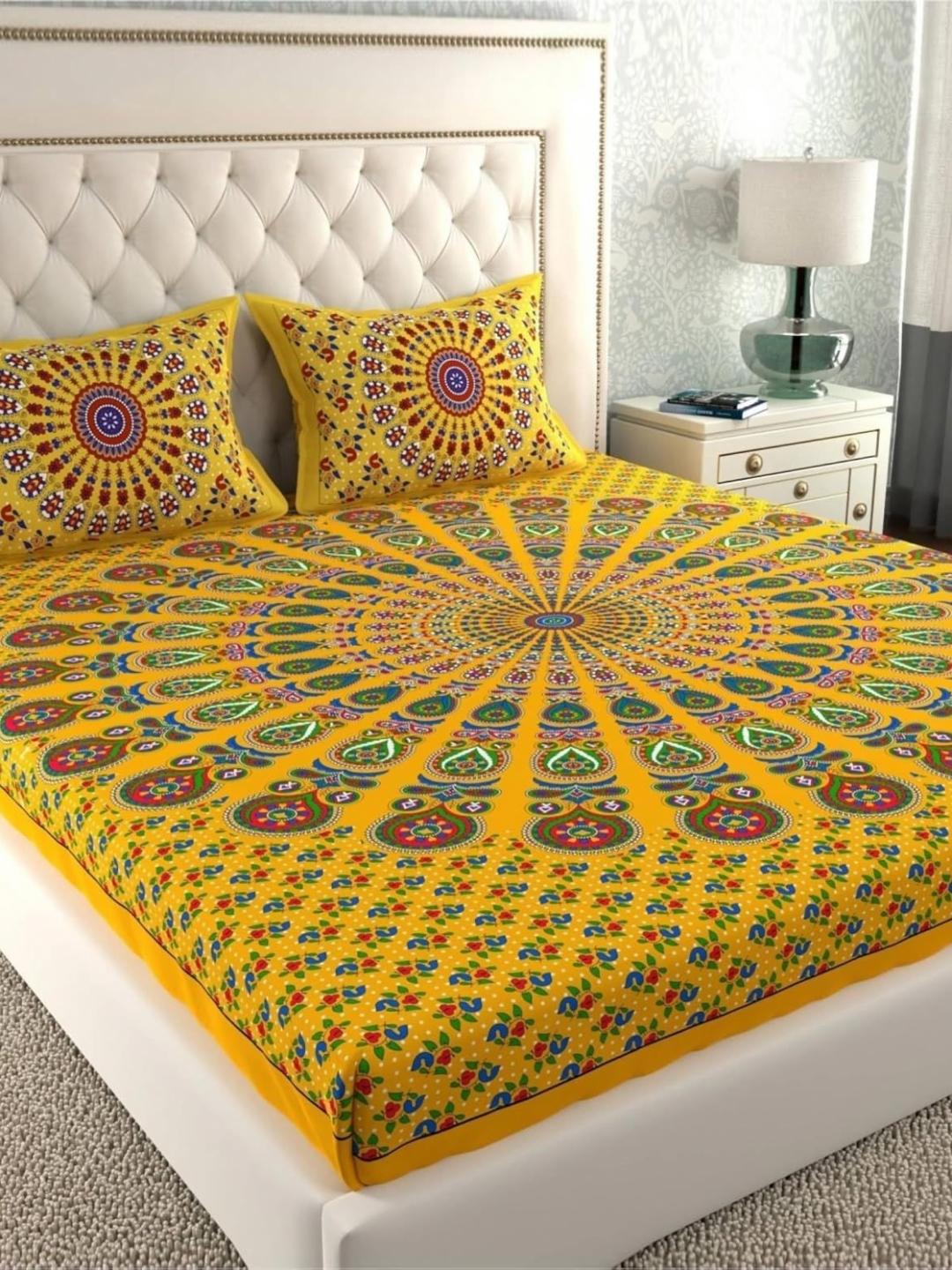 Buy MAGICAL Jaipuri Mustard Floral Cotton 104 TC Queen Bedsheet With 2 Pillow Covers 93 X 83 Inches - - Home for Unisex
