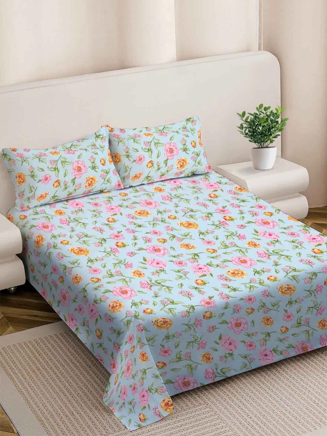 Buy FABINALIV Blue & Pink Floral 300 TC King Bedsheet 2.5 M X 2.25m - - Home for Unisex