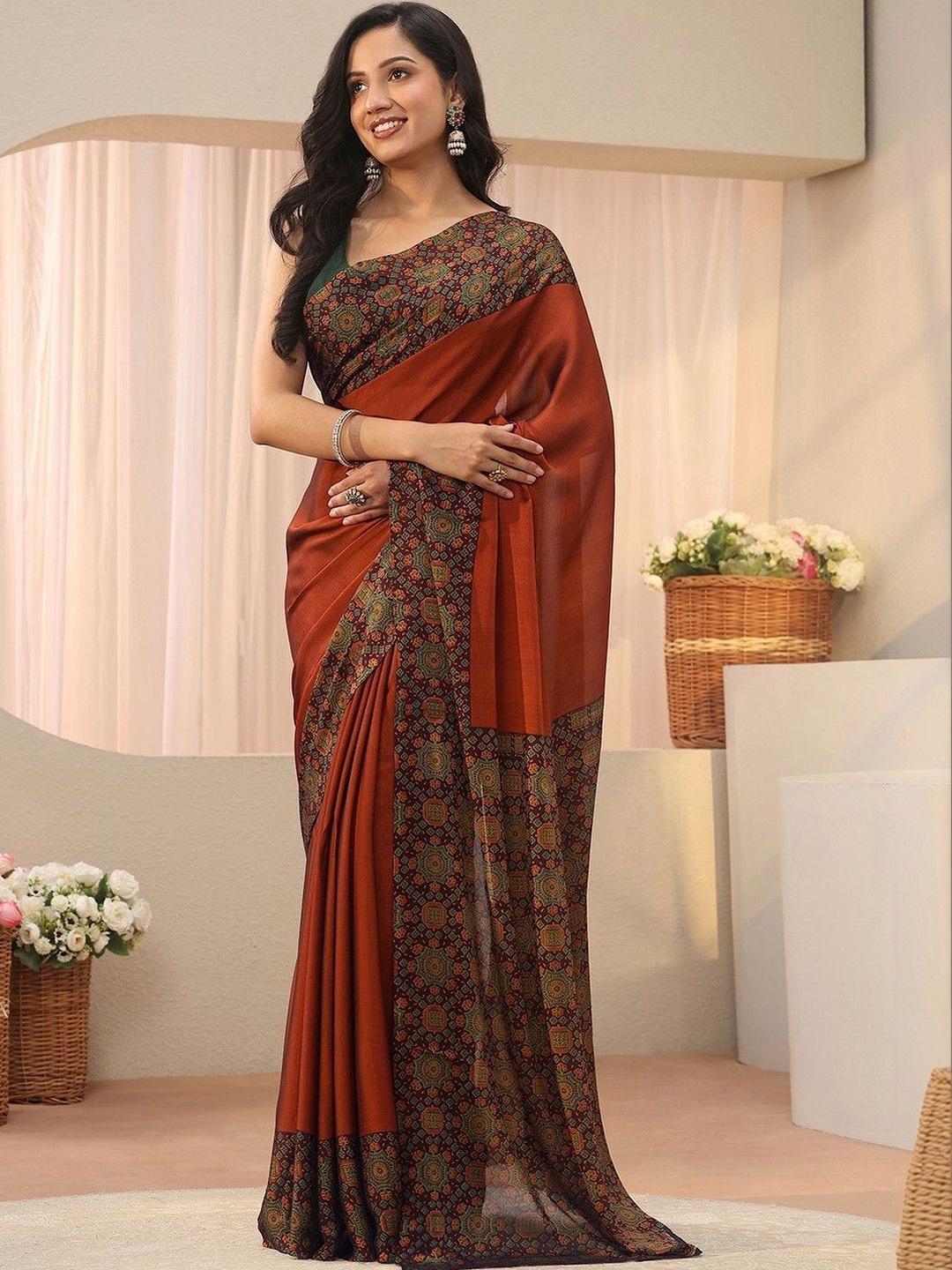 Buy Libas Rust Chiffon Saree With Printed Border - Sarees for Women ...