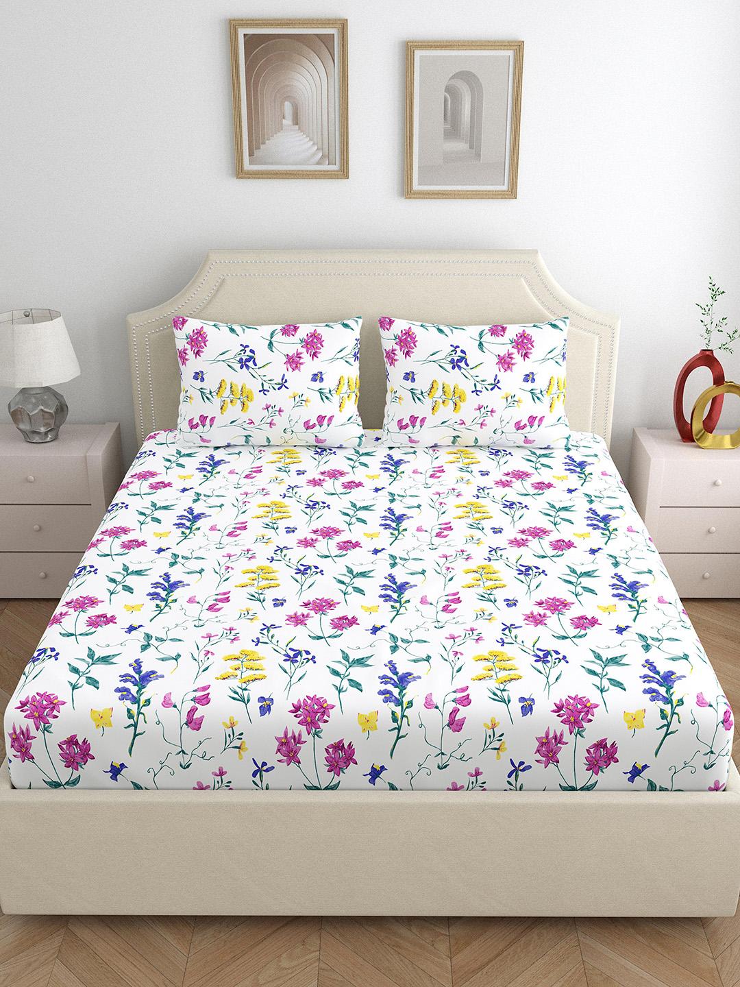 Buy Home Ecstasy White Floral Pure Cotton Breathable 140 TC Queen Bedsheet With 2 Pillow Covers 220 X 249 Cm -  - Home for Unisex