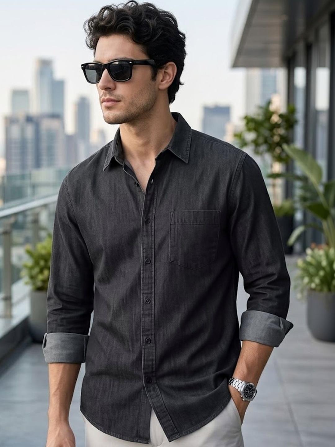Urbano Fashion Men Black Denim Shirt - Image 1