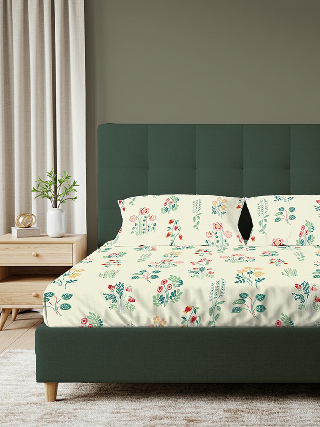 Buy URBAN SPACE Eden Cream Coloured Printed Cotton 200 TC Queen Bedsheet Set -  - Home for Unisex