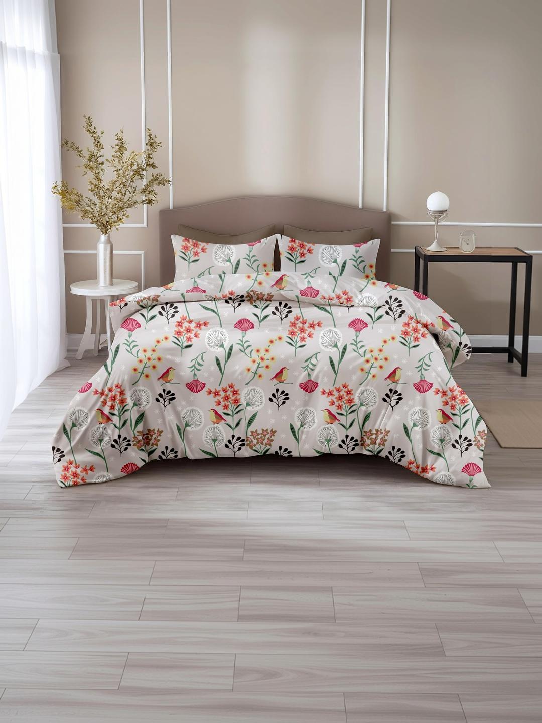 Buy LORETO Beige Floral 144 TC Bedsheet With 2 Pillow Covers - - Home for Unisex