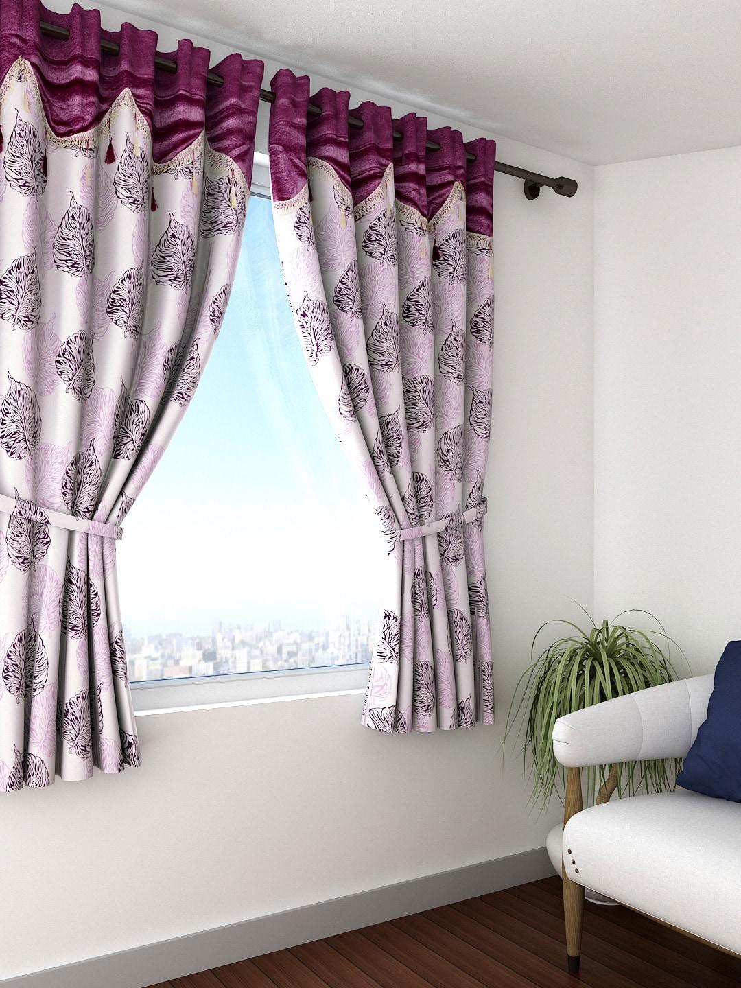 Buy Cortina Off White & Purple Set Of 2 Fancy Valance Leaf Printed Window Curtains - - Home for Unisex