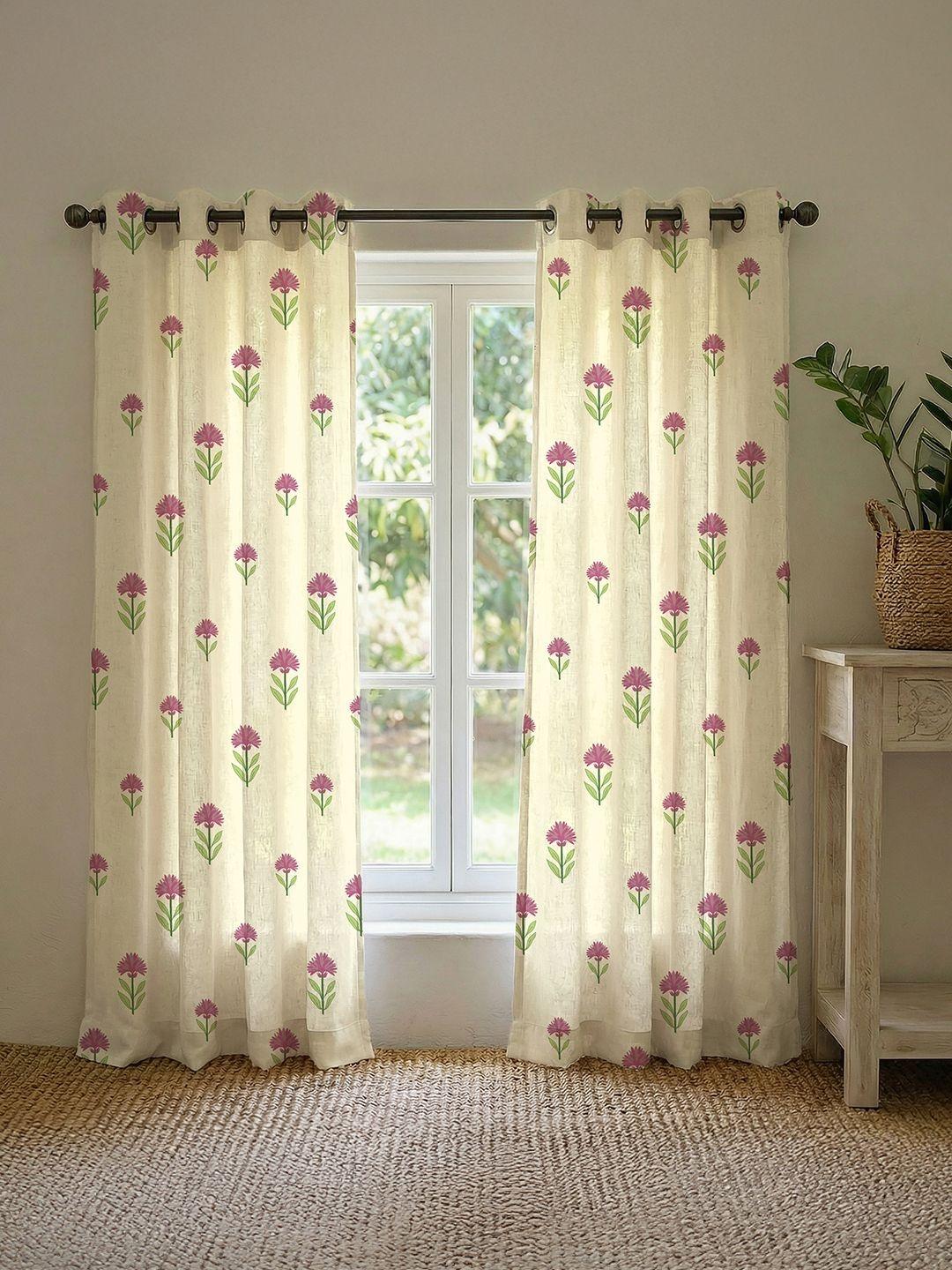 Buy URBAN SPACE Pink & White Set Of 2 Floral Long Cotton Door Curtain - - Home for Unisex