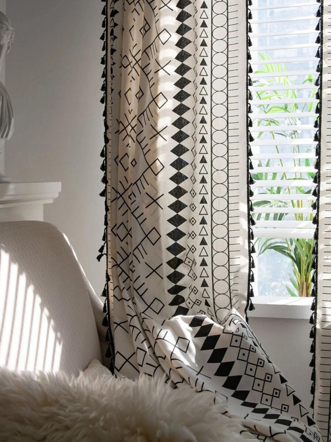 Buy Huesland White & Black Geometric Printed Cotton Room Darkening Door Curtain   7x4 Ft -  - Home for Unisex