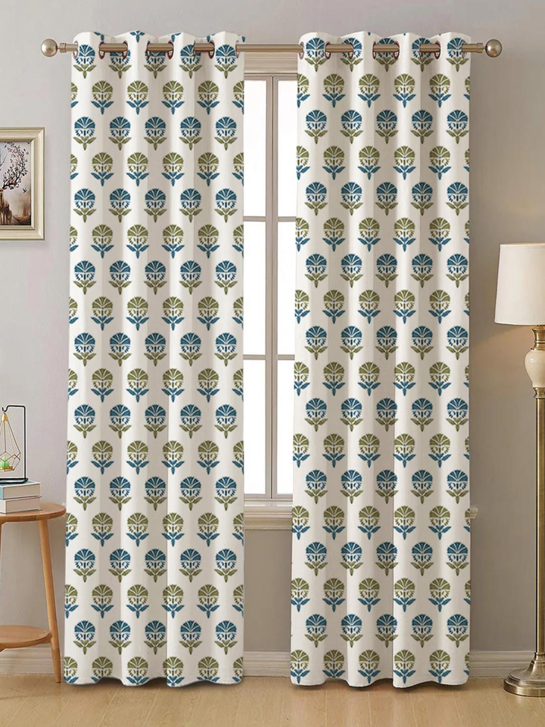 Buy URBAN SPACE White & Blue 2 Pieces Floral Printed Long Door Curtains -  - Home for Unisex