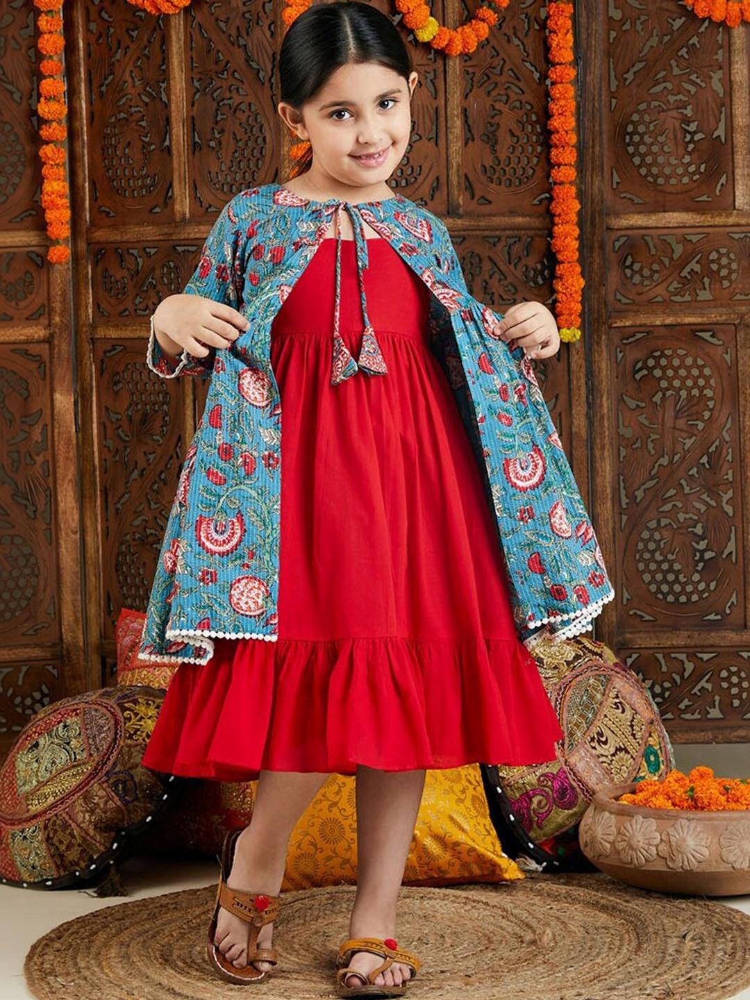 Buy VASTRAMAY Girls Red & Blue Kalamkari Anarkali - - Apparel for Girls