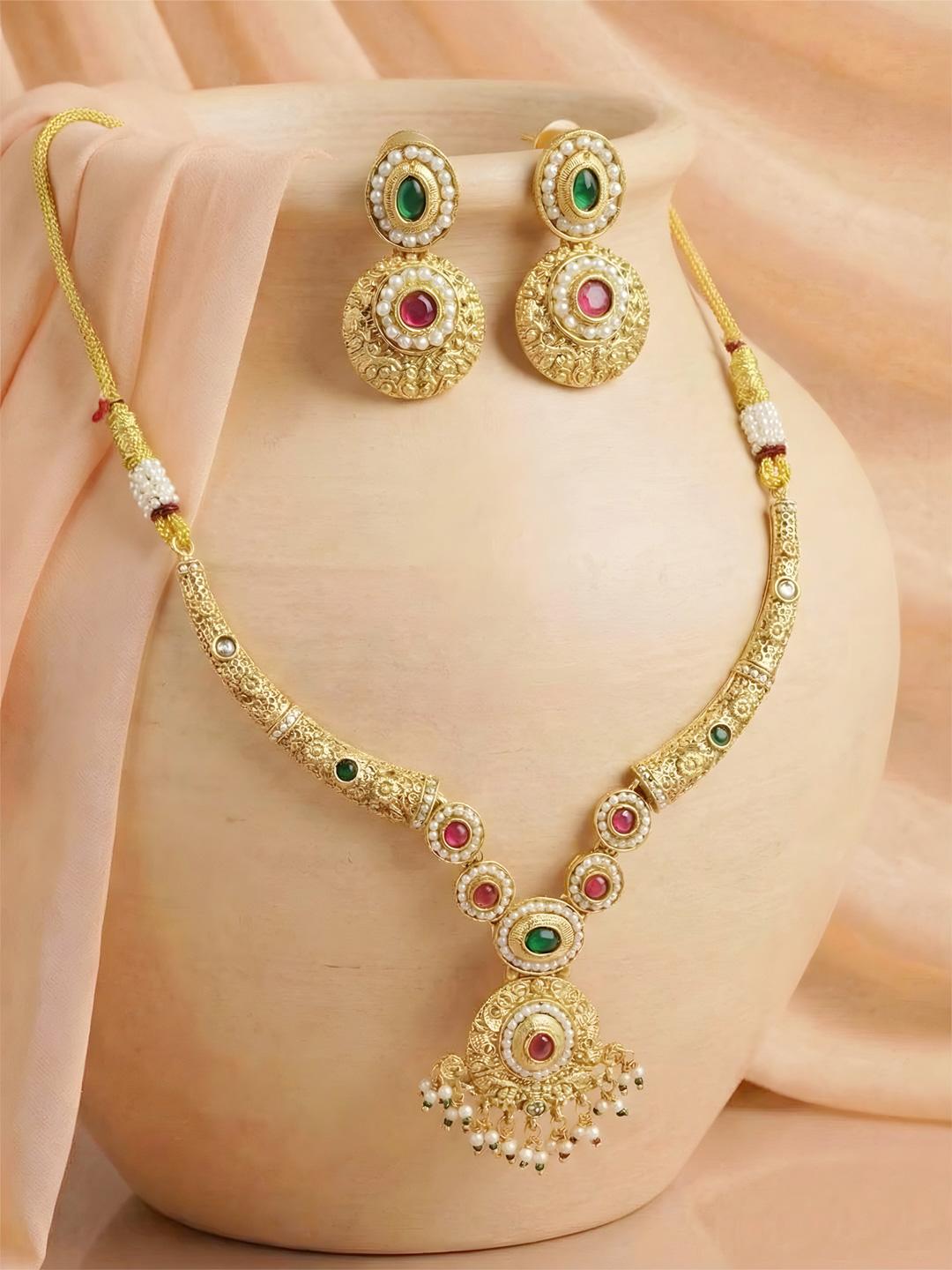 Buy ADIVA Gold Plated Green & Ruby Stone Pearl Embellished Statement Jewellery Set -  - Accessories for Women