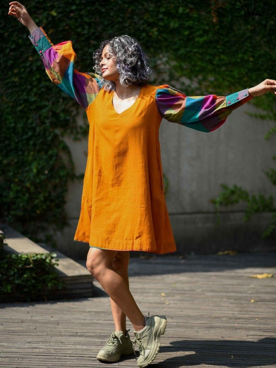 Buy Suta Mustard Yellow Cotton One Piece Short Dress Puff Sleeves ...