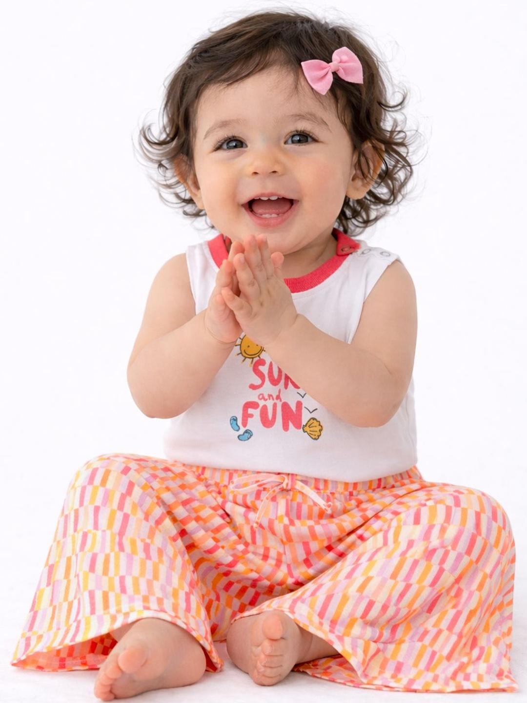 Buy Purple United Kids Girls White Pink Cotton Top Printed Pants Relaxed Feel Co Ord Set -  - Apparel for Unisex Kids