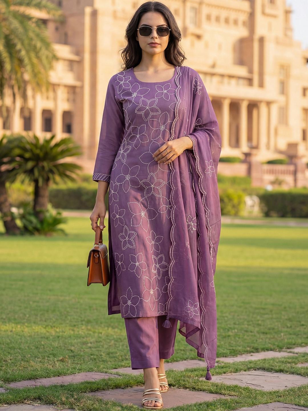 Buy Milvia Women Embroidered Regular Kurta With Trousers & With Dupatta -  - Apparel for Women
