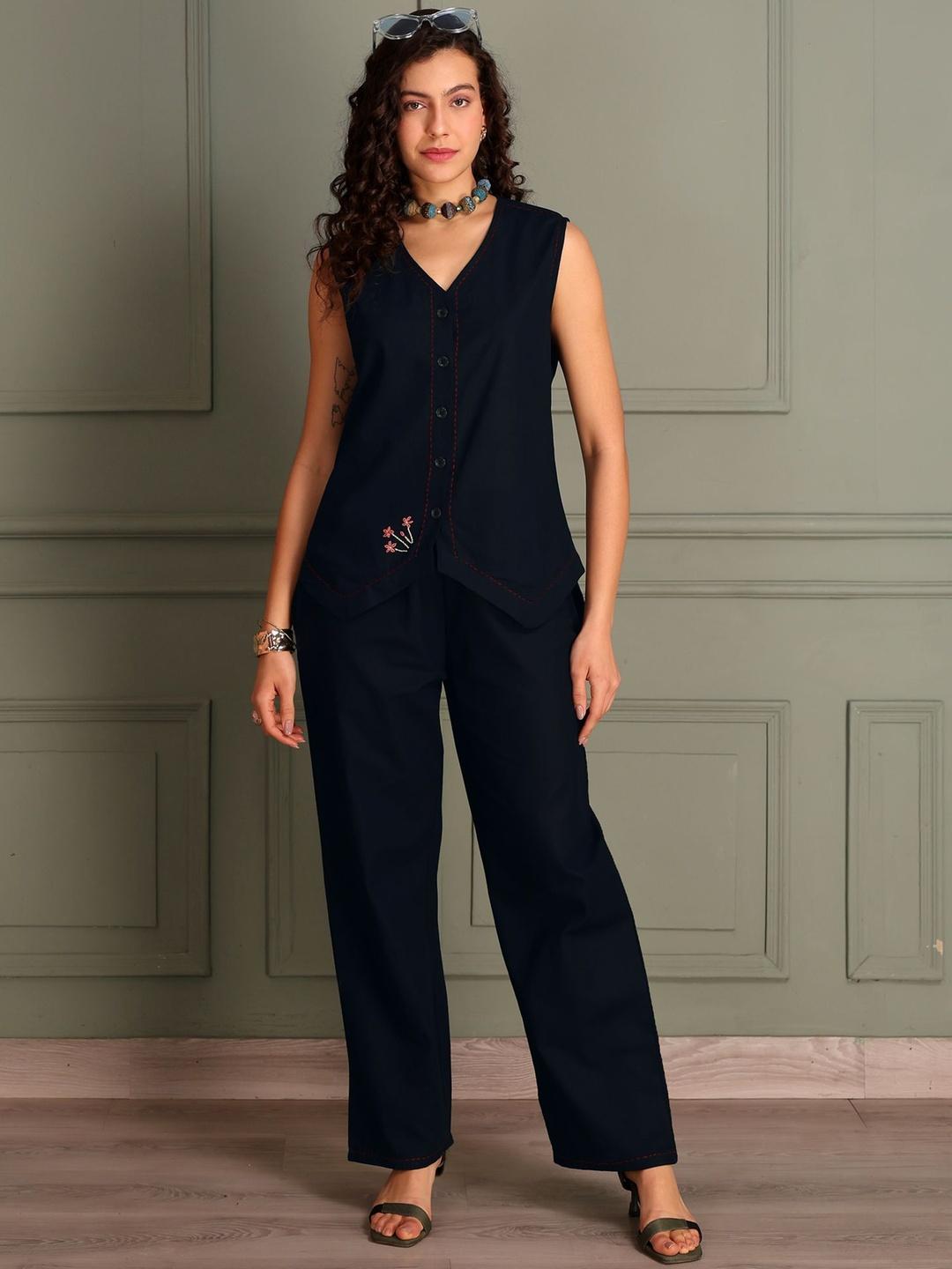 Buy TITTLI Women Cotton Flex V Neck Waistcoat And Trouser Co Ord Set -  - Apparel for Women