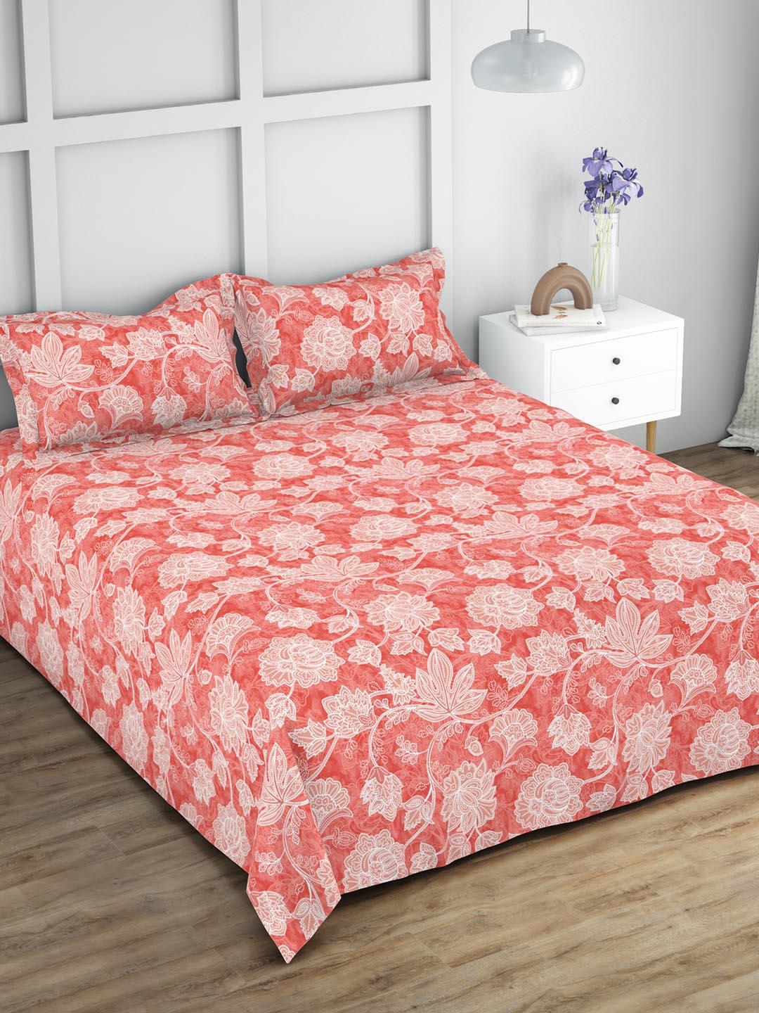 Buy Himeya Peach Coloured Floral 144 TC King Bedsheet With 2 Pillow Covers 108 X 108 Inches -  - Home for Unisex