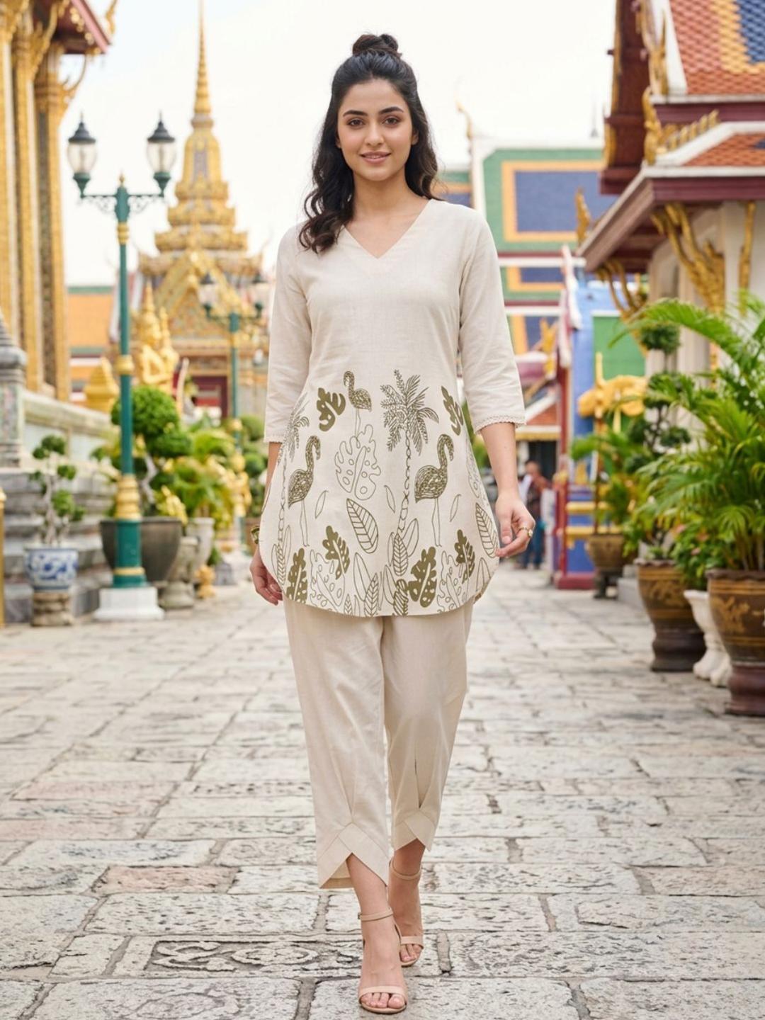 Buy Saanjh Floral Printed V Neck Pure Cotton Tunic With Trousers Co Ords - - Apparel for Women