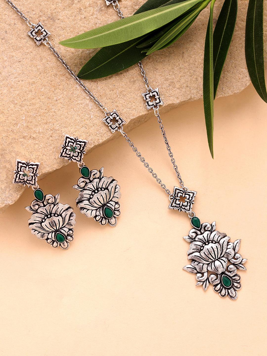 Buy Voylla Silver Plated Oxidised Cubic Zirconia Necklace Earrings Jewellery Set -  - Accessories for Women