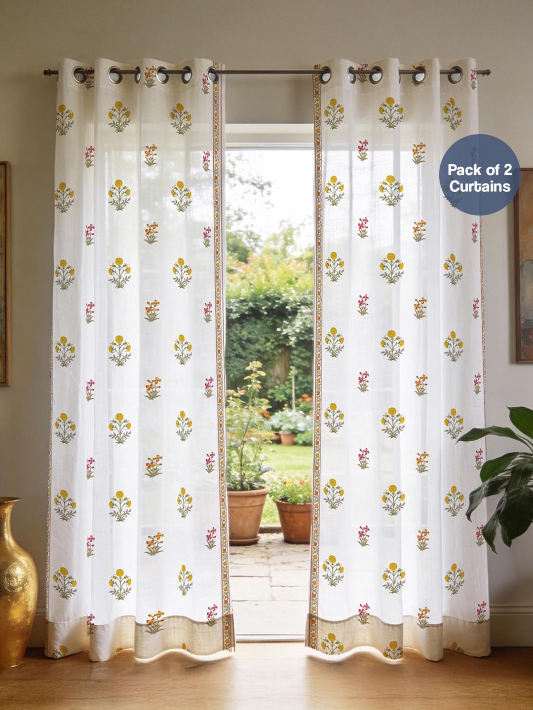 Buy URBAN SPACE Set Of 2 Sheer Floral Polyester Eyelet Door Curtains - - Home for Unisex