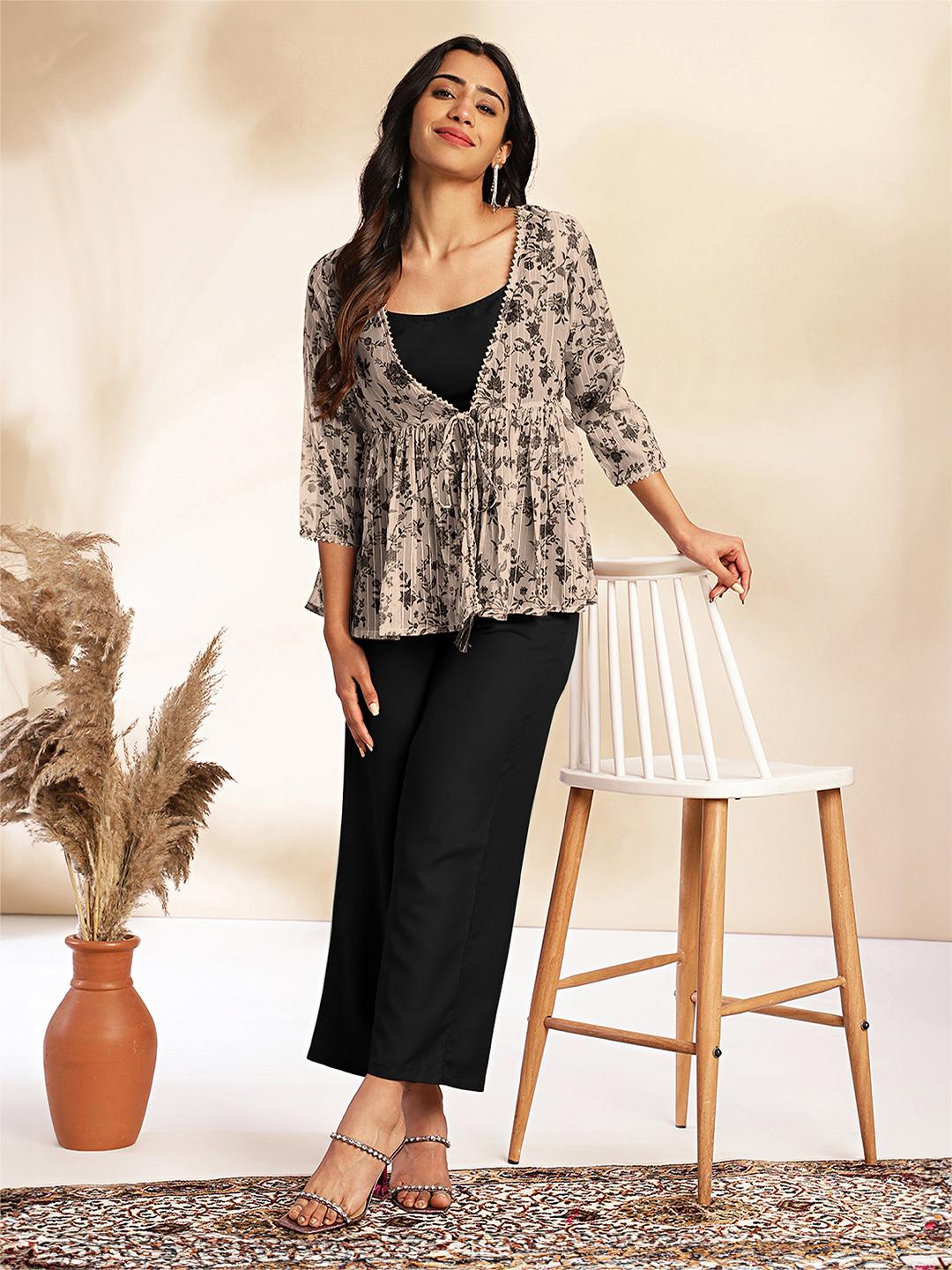 Buy Janasya Women Solid Shoulder Straps Crop Top & Trousers With Floral Print Shrug - - Apparel for Women