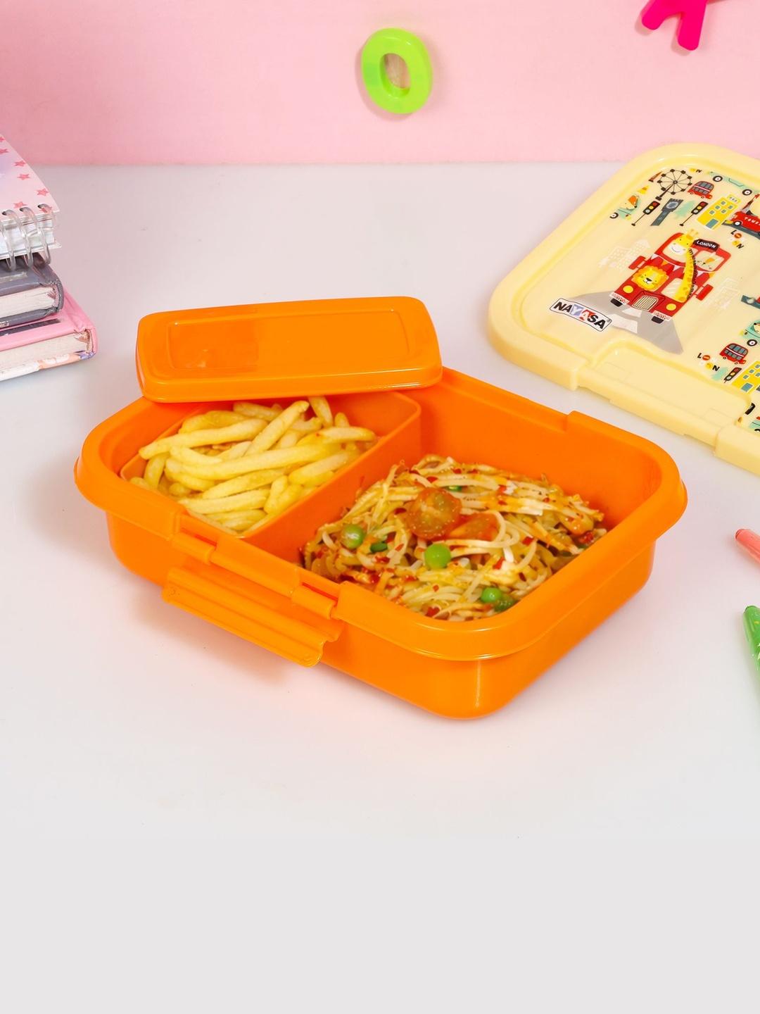 Buy Nayasa Single Punch Yellow Orange Carton Print Plastic 2 Compartment Clip Lock Lunch Box - - Home for Unisex Kids