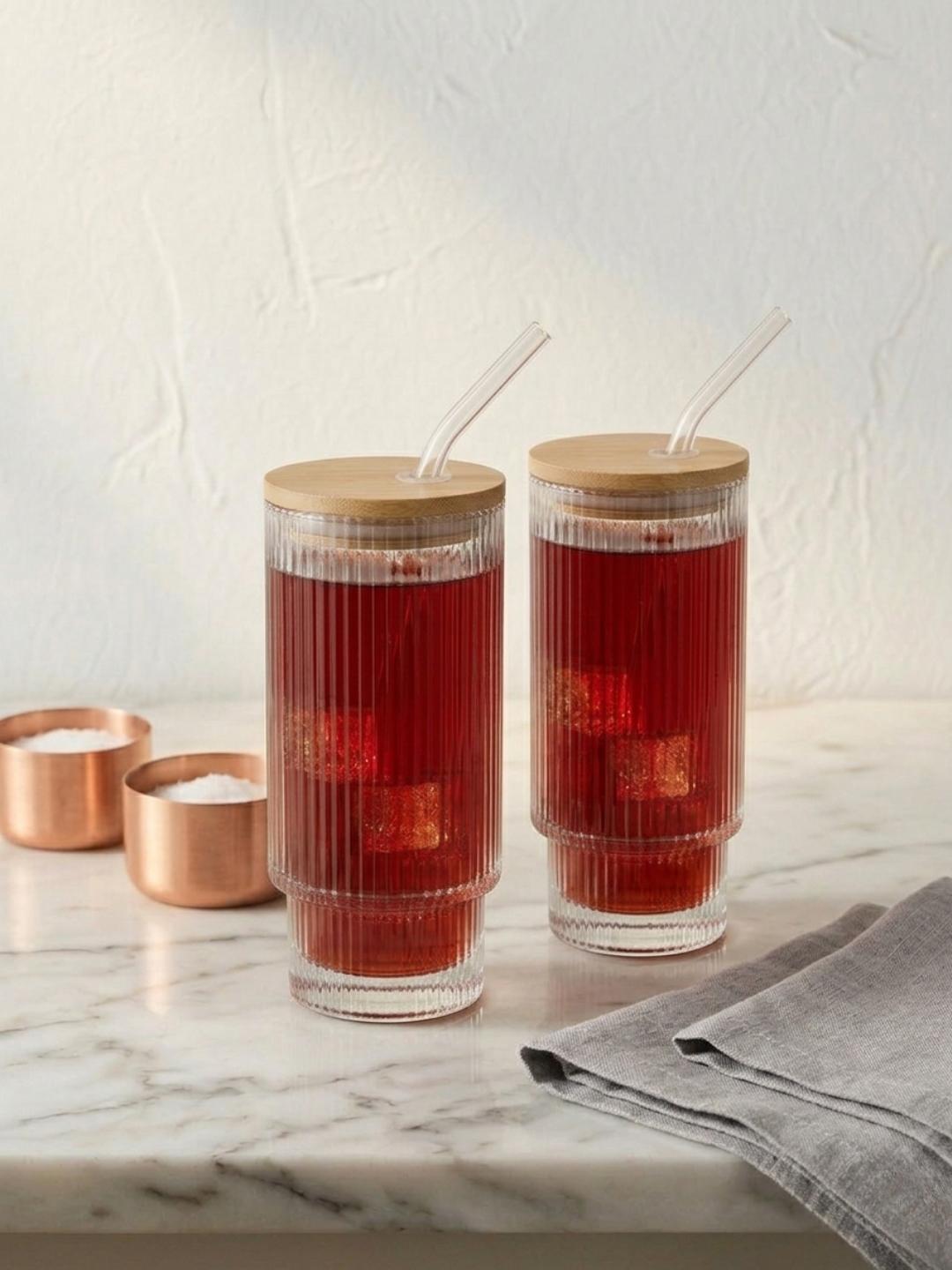 Buy FINSTER Transparent 2 Pieces Glass Coffee Sipper Mugs With Straw & Lid   300 Ml Each -  - Home for Unisex