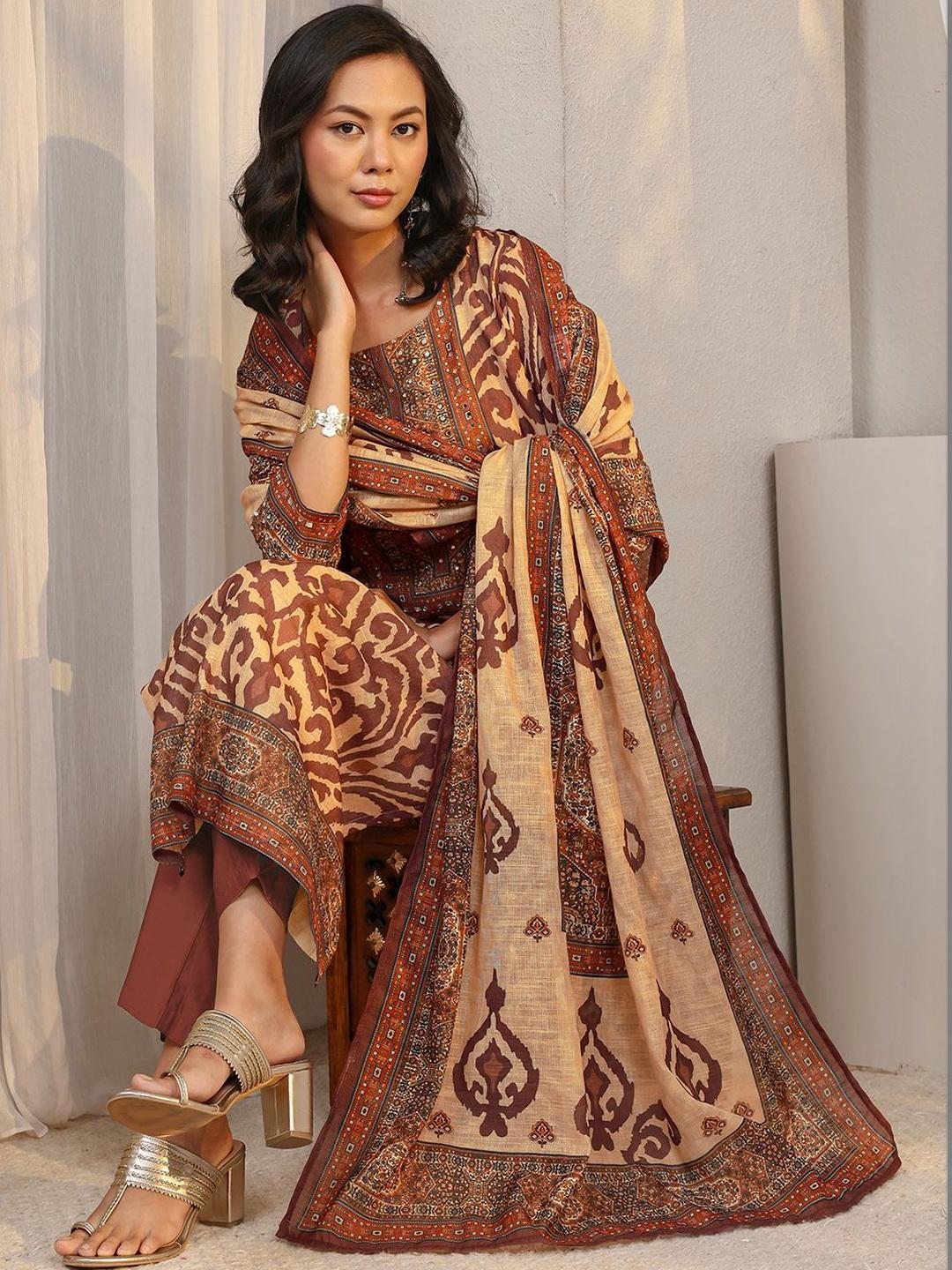 Buy Libas Beige Abstract Printed Straight Suit Set With Dupatta - Kurta ...
