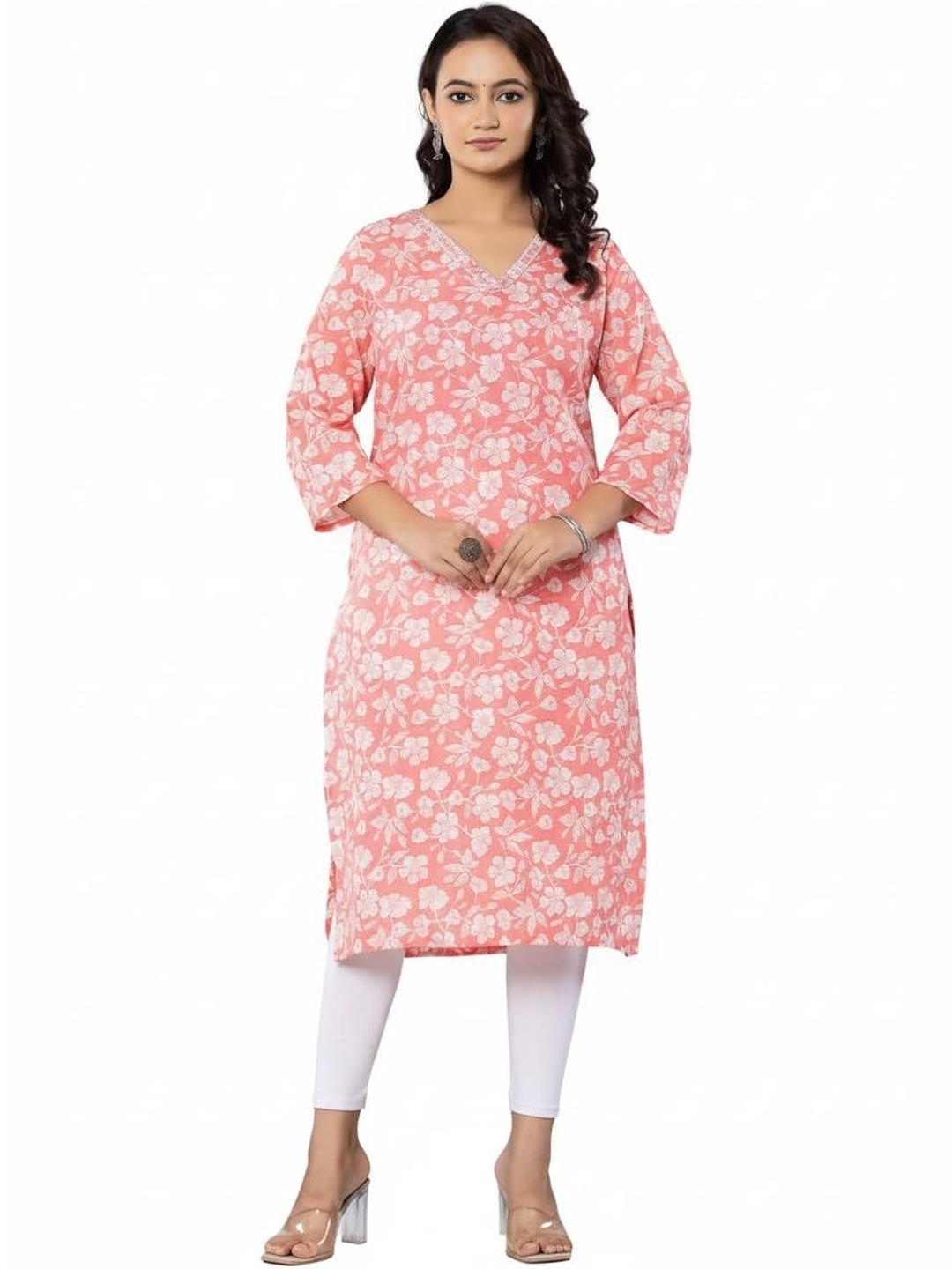 Buy Pickcell Floral Printed V Neck Straight Cotton Kurta - Kurtas for ...