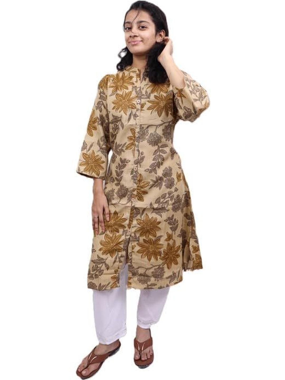 Buy Pickcell Women Printed Mandarin Collar Straight Cotton Kurta ...