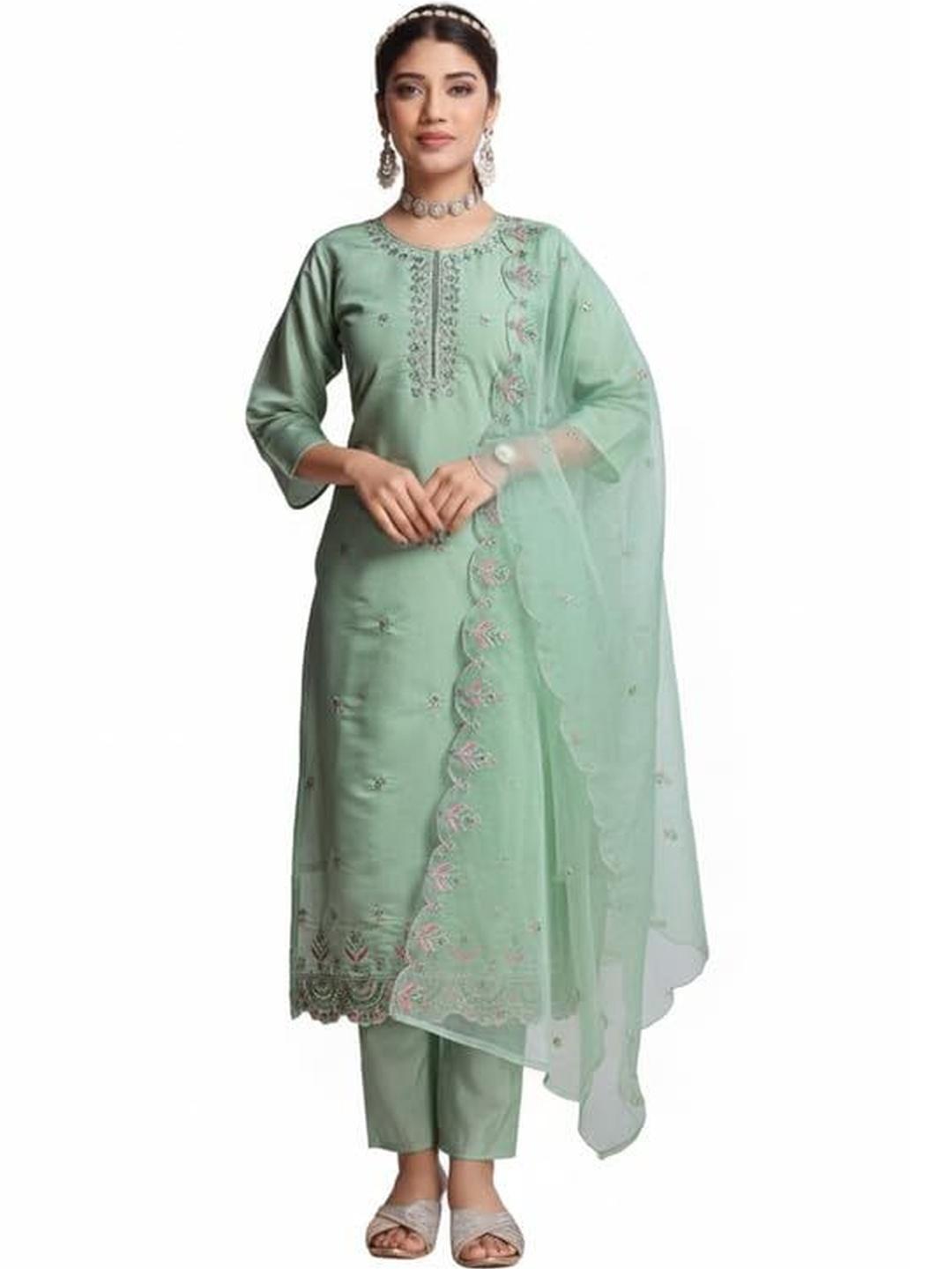 Buy Pickcell Floral Embroidered Round Neck Thread Work Straight Kurta ...