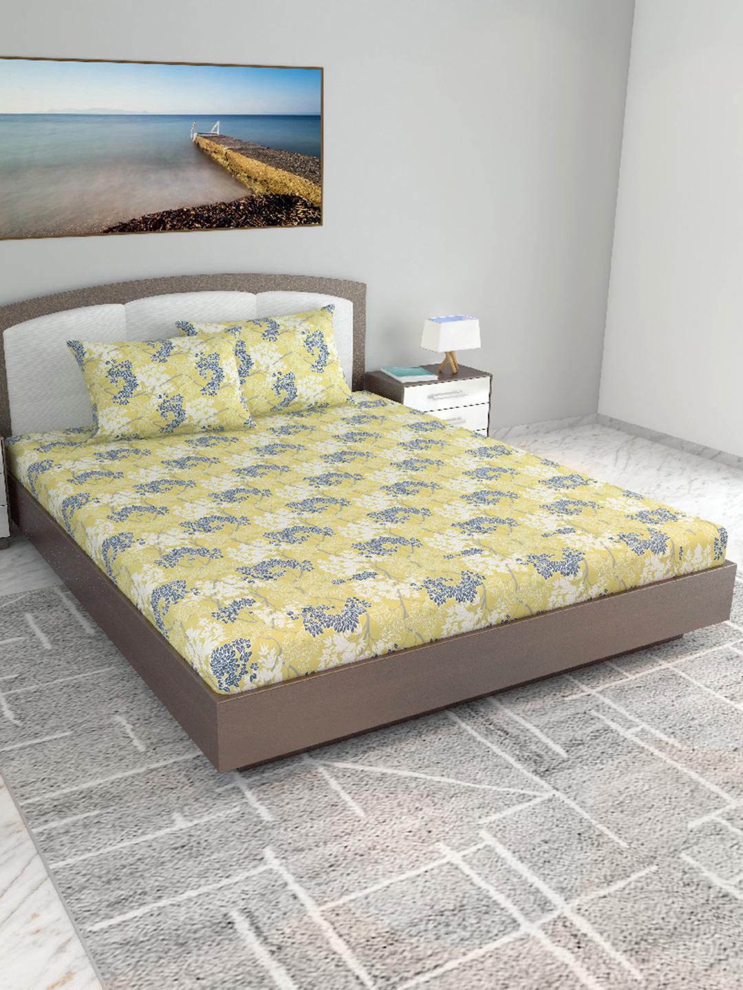 Buy Divine Casa Sunshine Yellow Floral Cotton 144 TC King Bedsheet With 2 Pillow Covers - - Home for Unisex