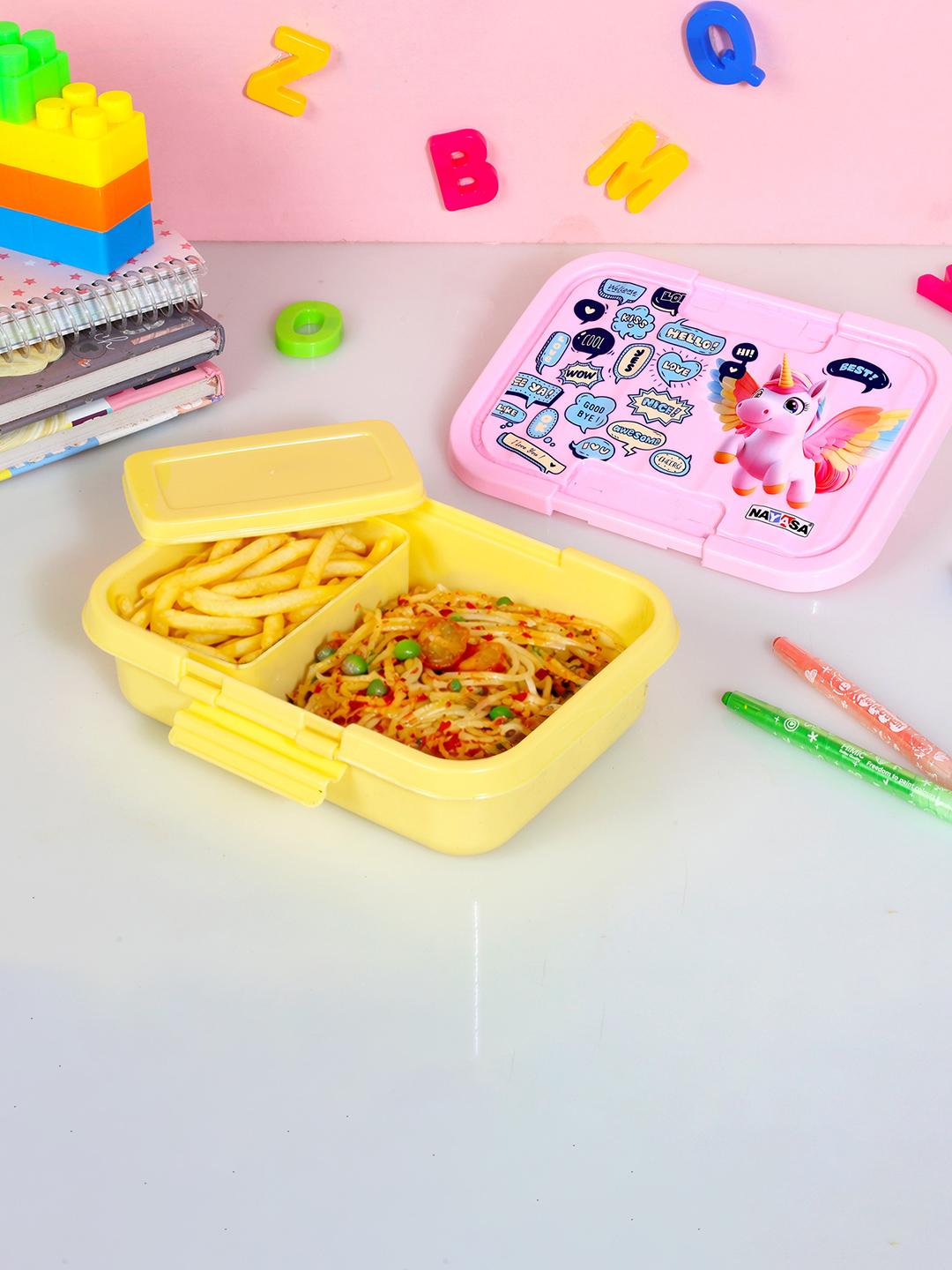 Buy Nayasa Single Punch Pink & Yellow Unicorn Print Plastic 2 Compartment Clip Lock Lunch Box - - Home for Unisex Kids