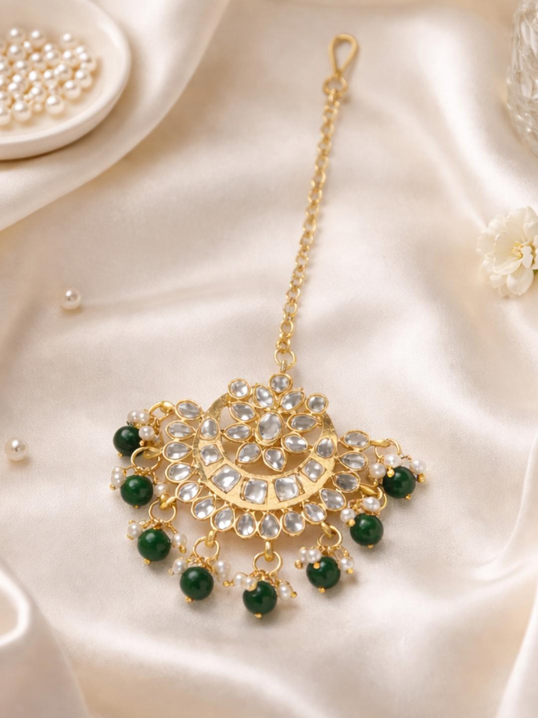 Buy I Jewels Green & White Gold Plated Kundan Studded Handcrafted Maangtikka - - Accessories for Women