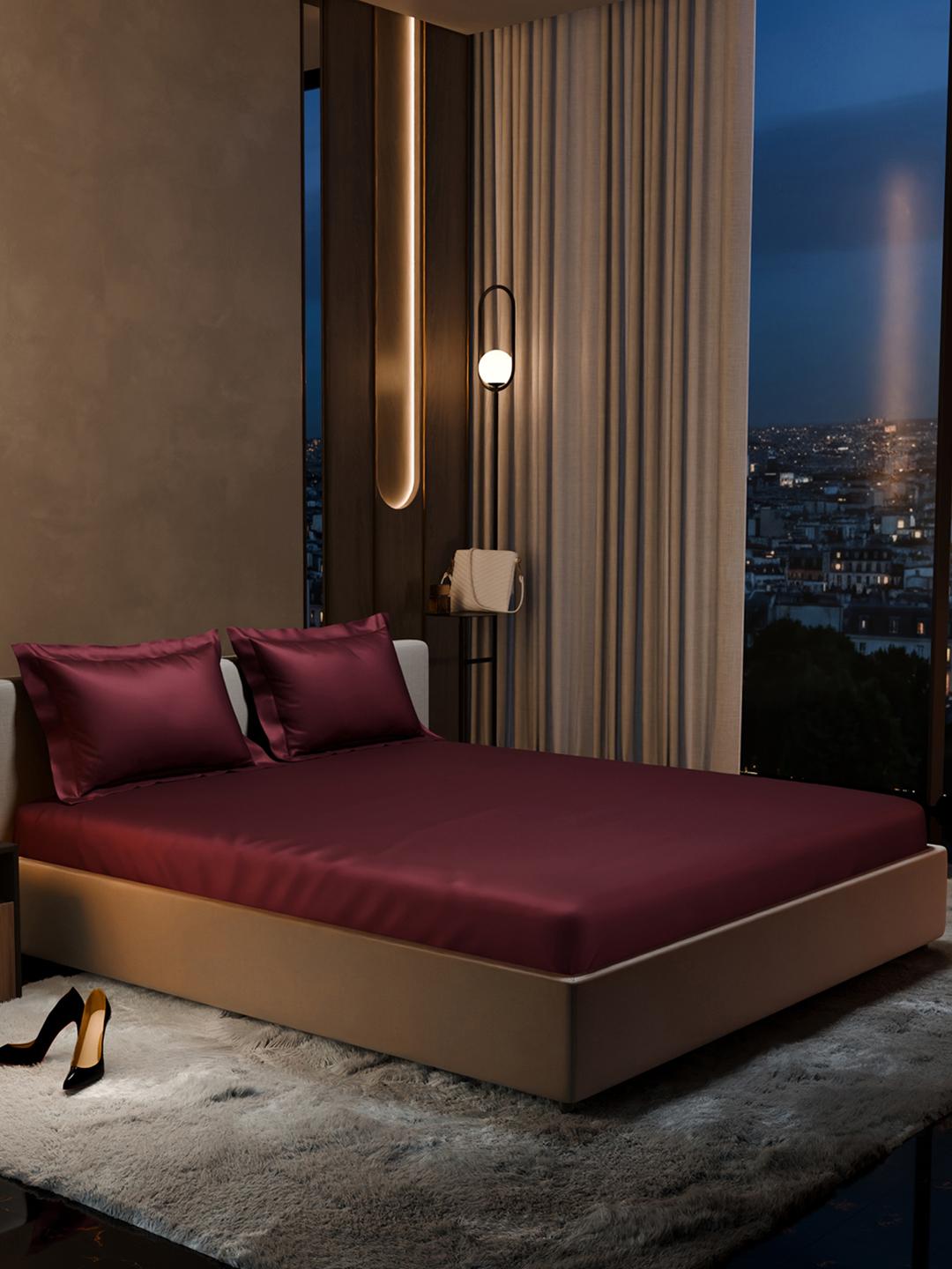 Buy Stoa Paris Date Night Velvet Burgundy 300 TC Satin Fitted King Sheet With 2 Pillow Covers -  - Home for Unisex