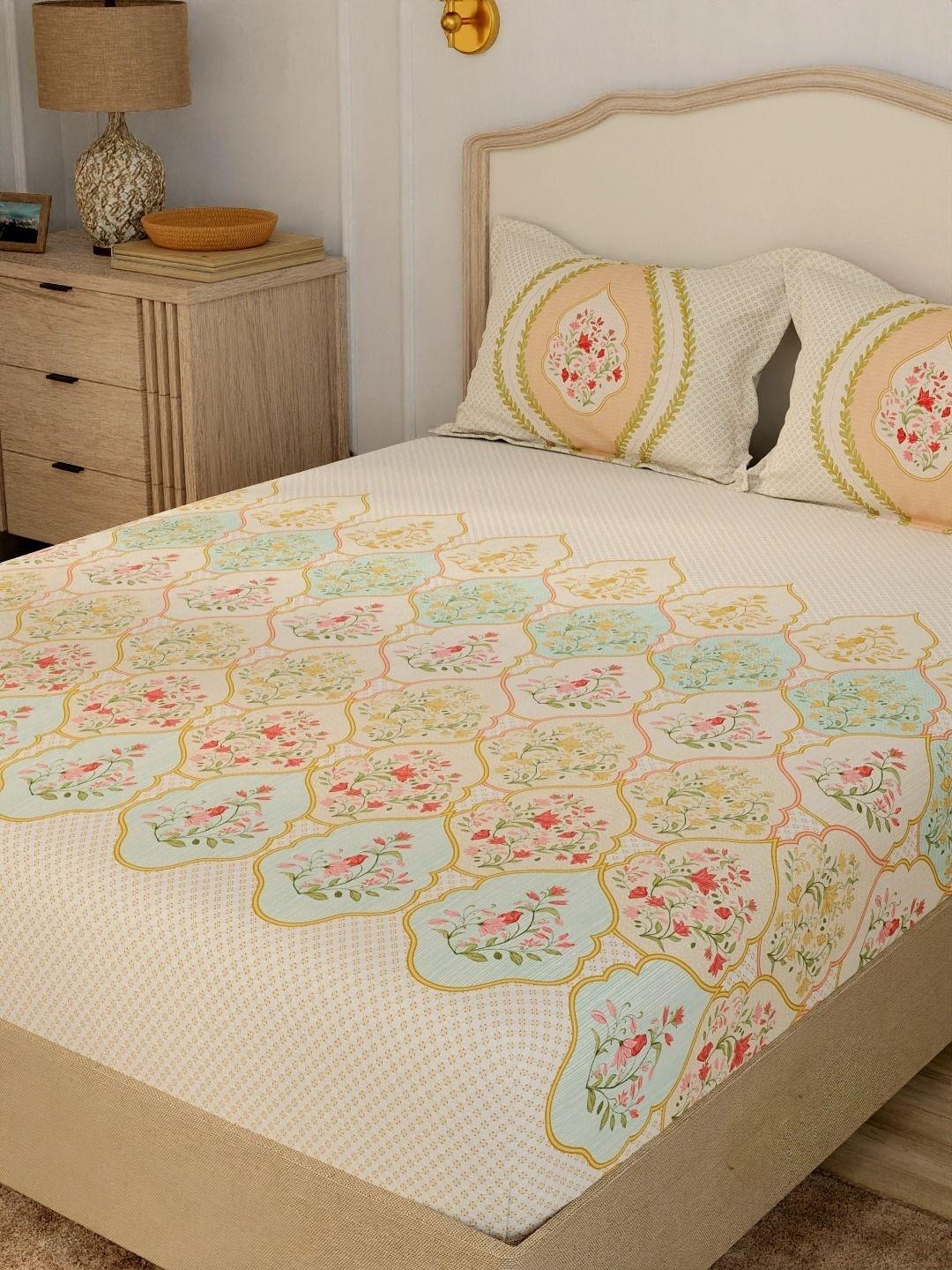 Buy Portico Cream Coloured Floral 164 TC Bedsheet With 2 Pillow Covers -  - Home for Unisex