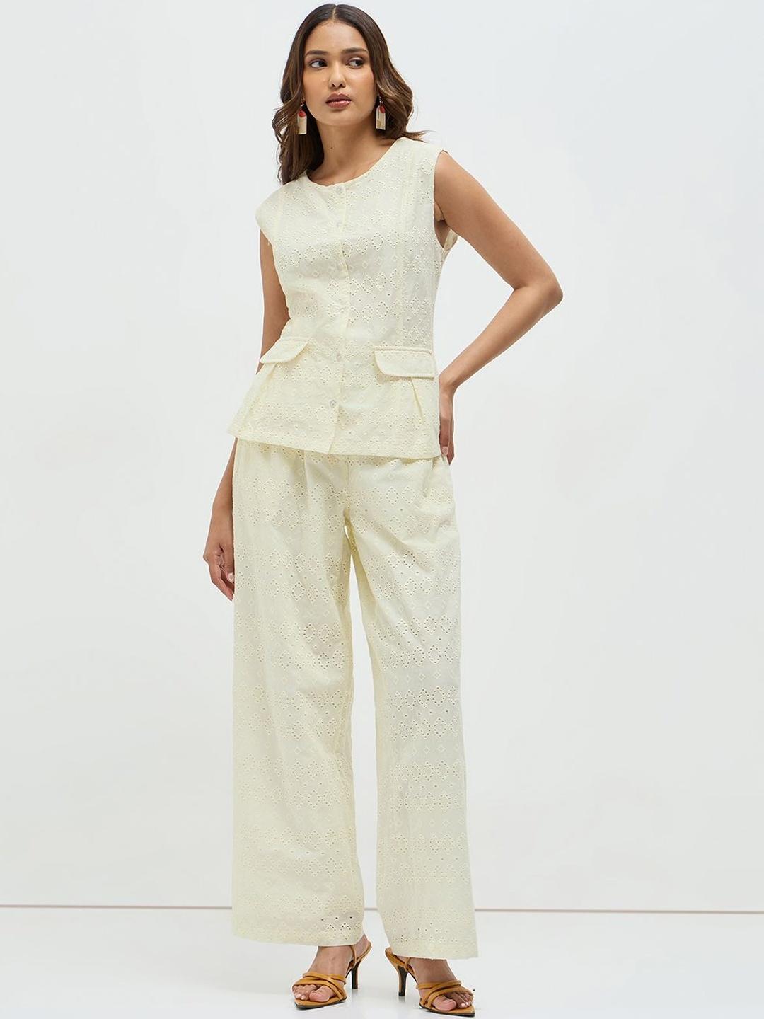 Buy KAMLIE Schiffli Cotton Embroidered Top With Palazzos - - Apparel for Women
