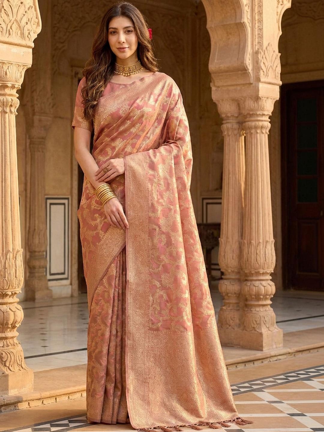 Buy SHADOW & SAINING Women Peach Banarasi Jacquard Golden Zari Weaving ...